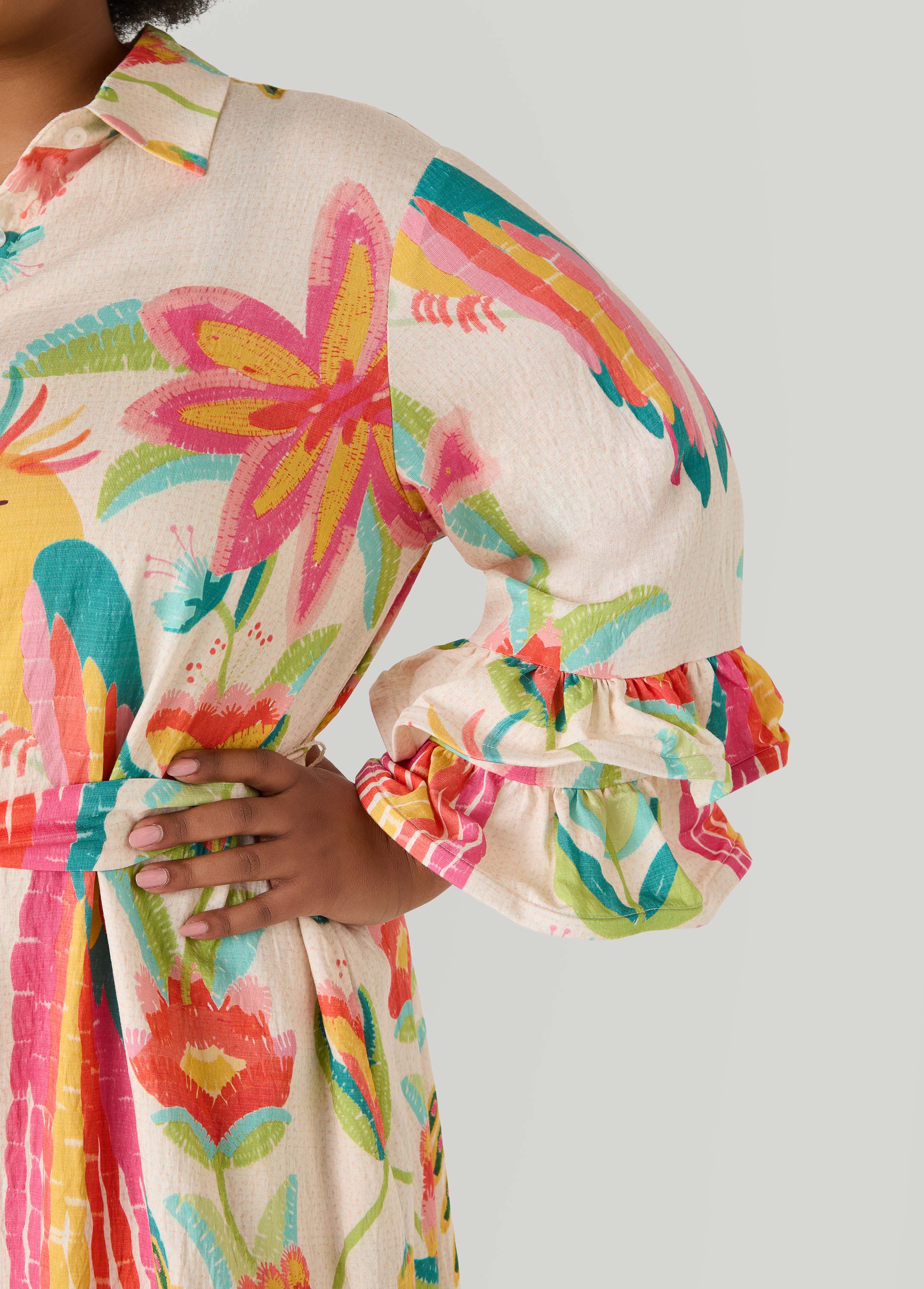 Ruffled Parrot Print Shirtdress Multi | Ashley Stewart