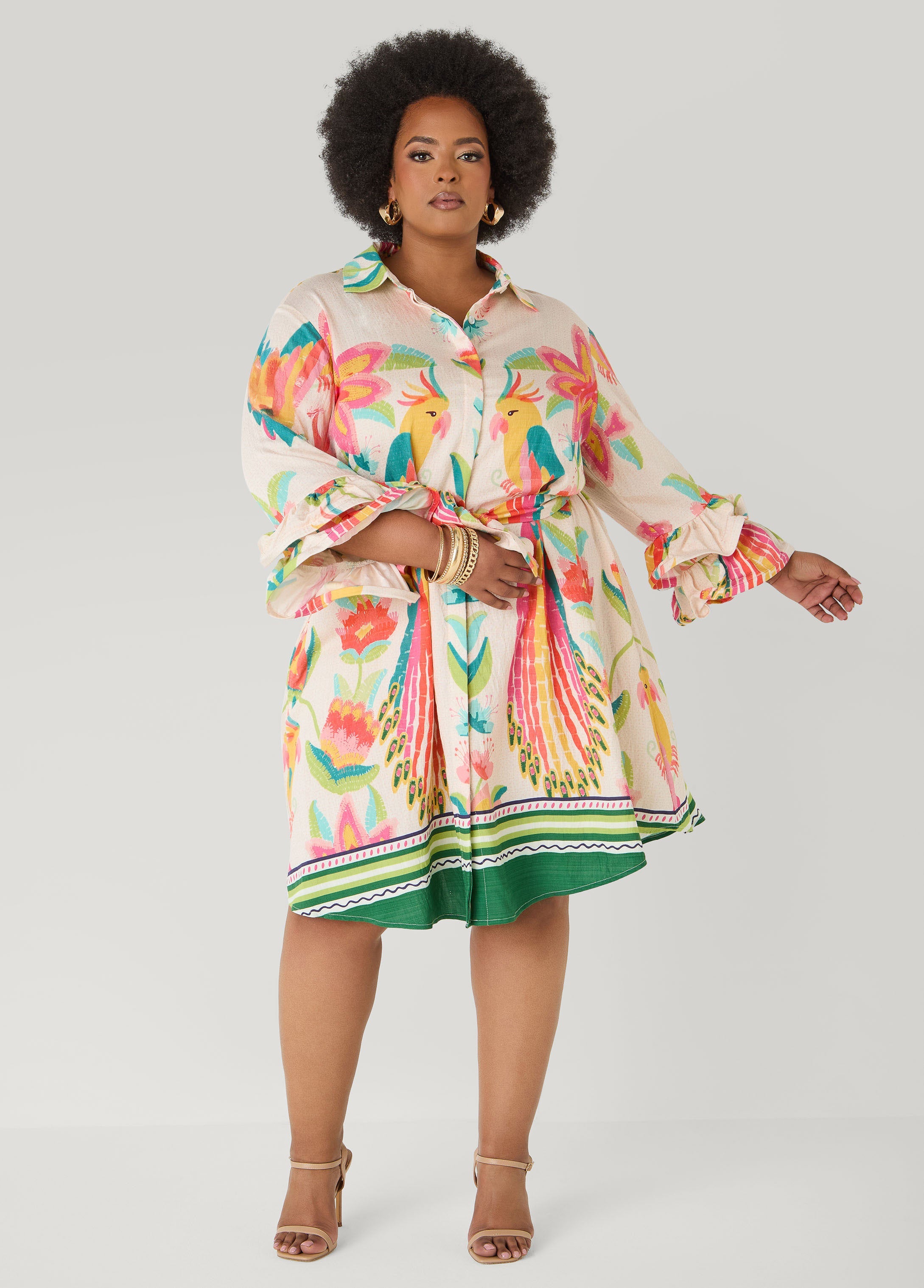 Ruffled Parrot Print Shirtdress Multi | Ashley Stewart