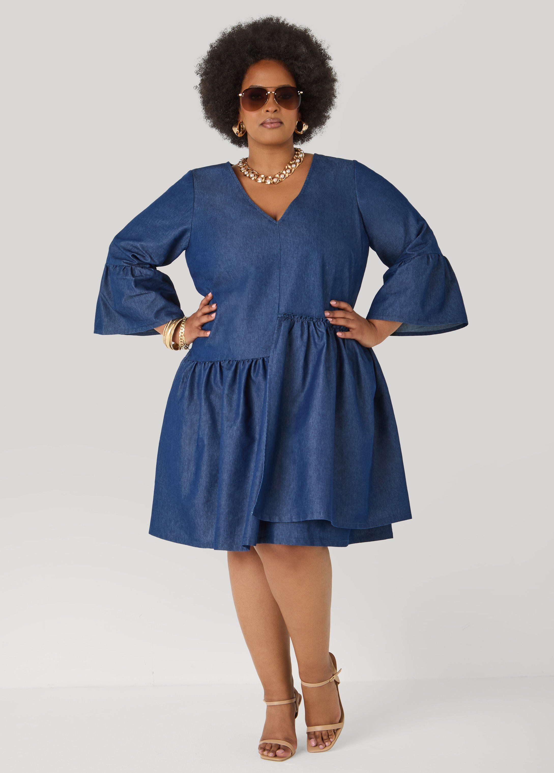 Layered Chambray Babydoll Dress Denim Blue | Ashley Stewart