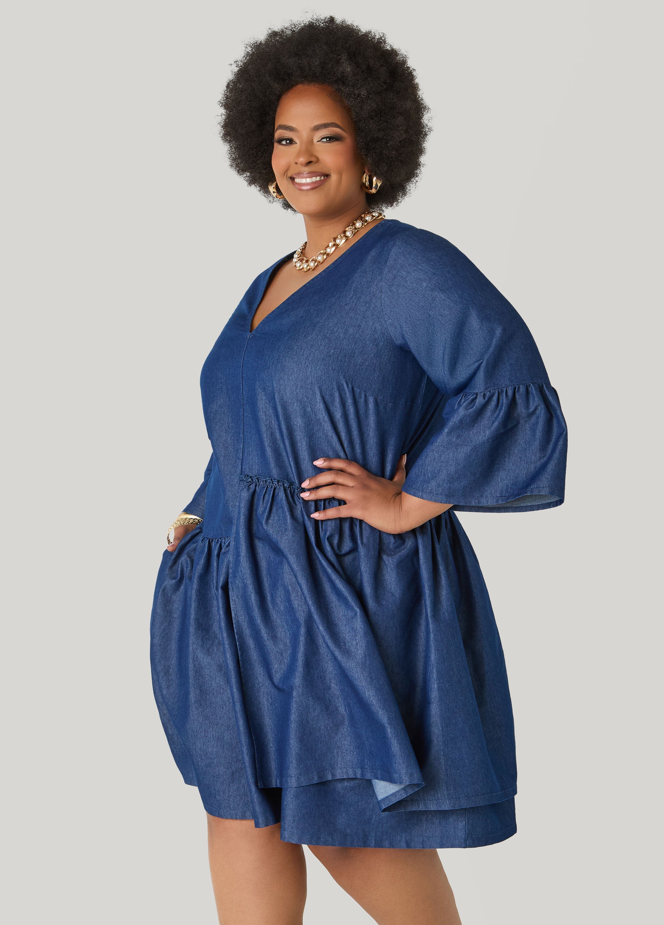 Layered Chambray Babydoll Dress Denim Blue | Ashley Stewart