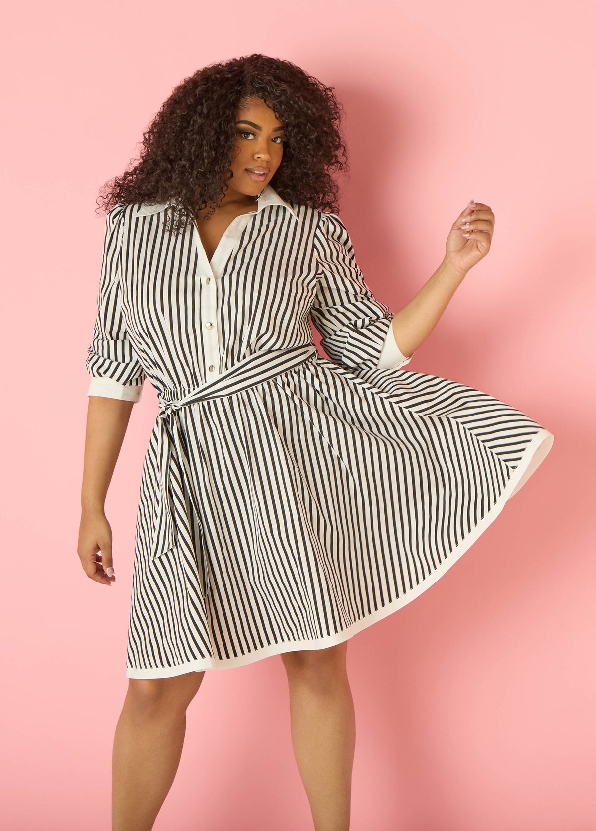 Striped A Line Shirtdress Black White | Ashley Stewart