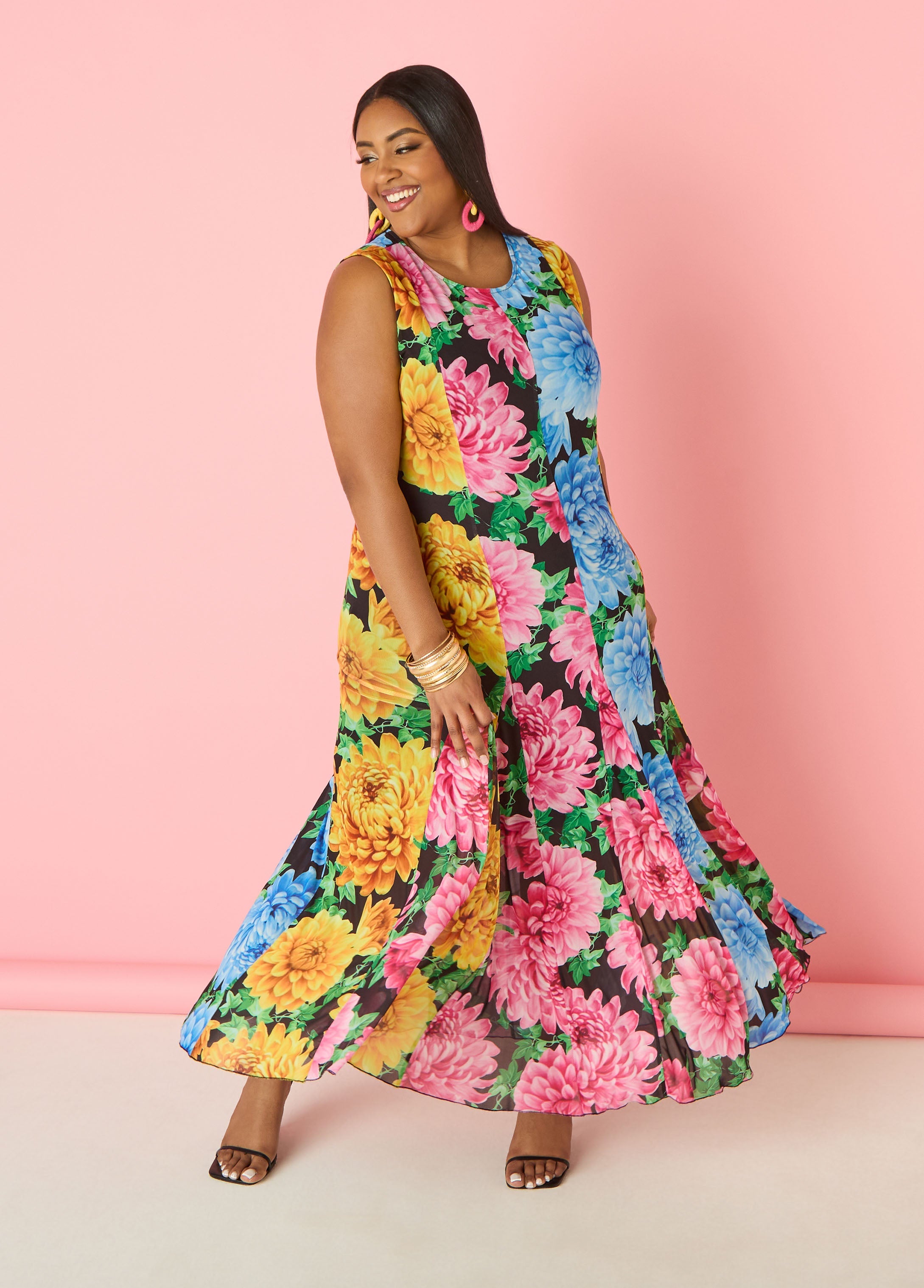Floral Print Mesh Maxi Dress Black Combo | Ashley Stewart