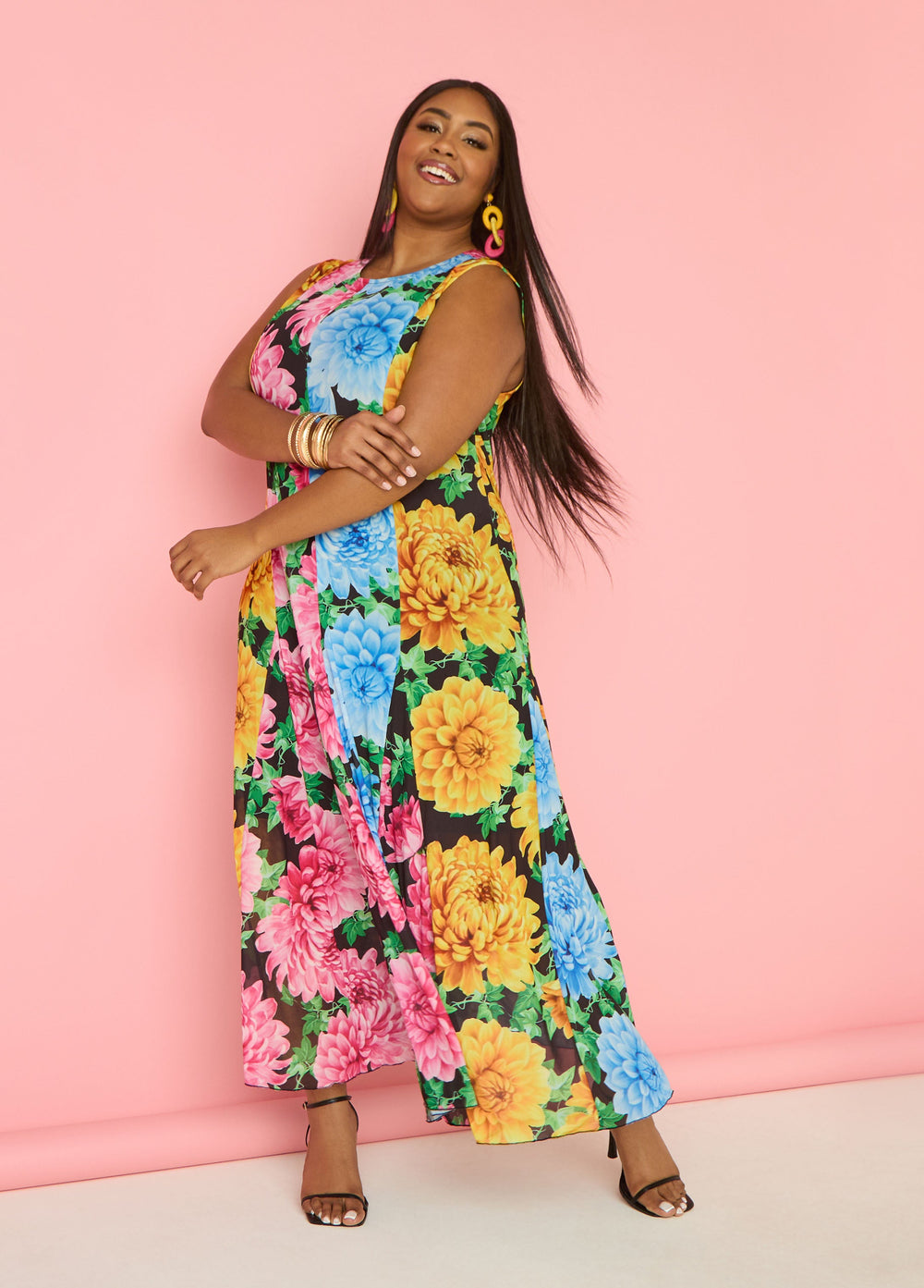 Floral Print Mesh Maxi Dress Black Combo | Ashley Stewart