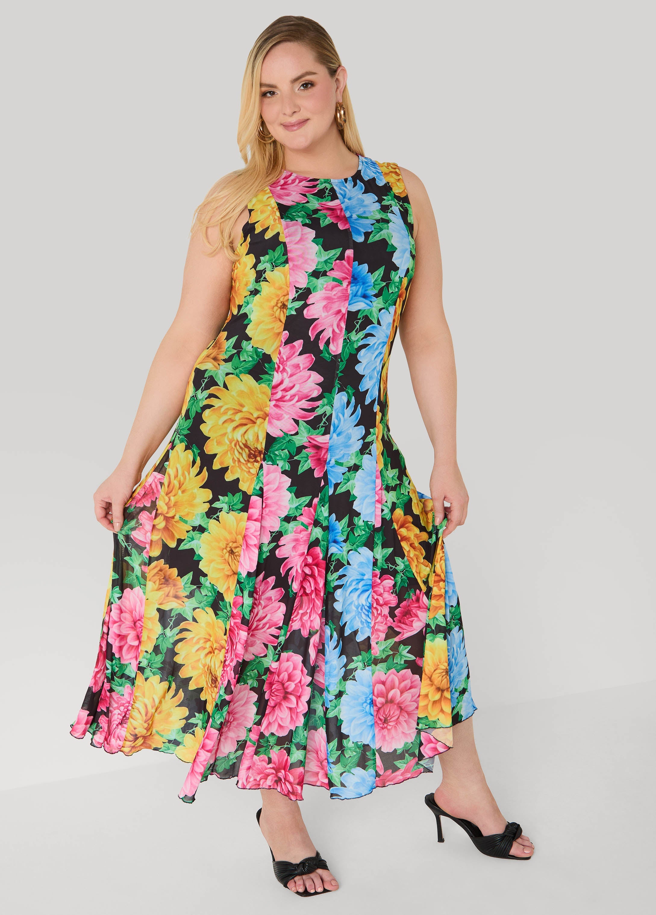 Floral Print Mesh Maxi Dress Black Combo | Ashley Stewart