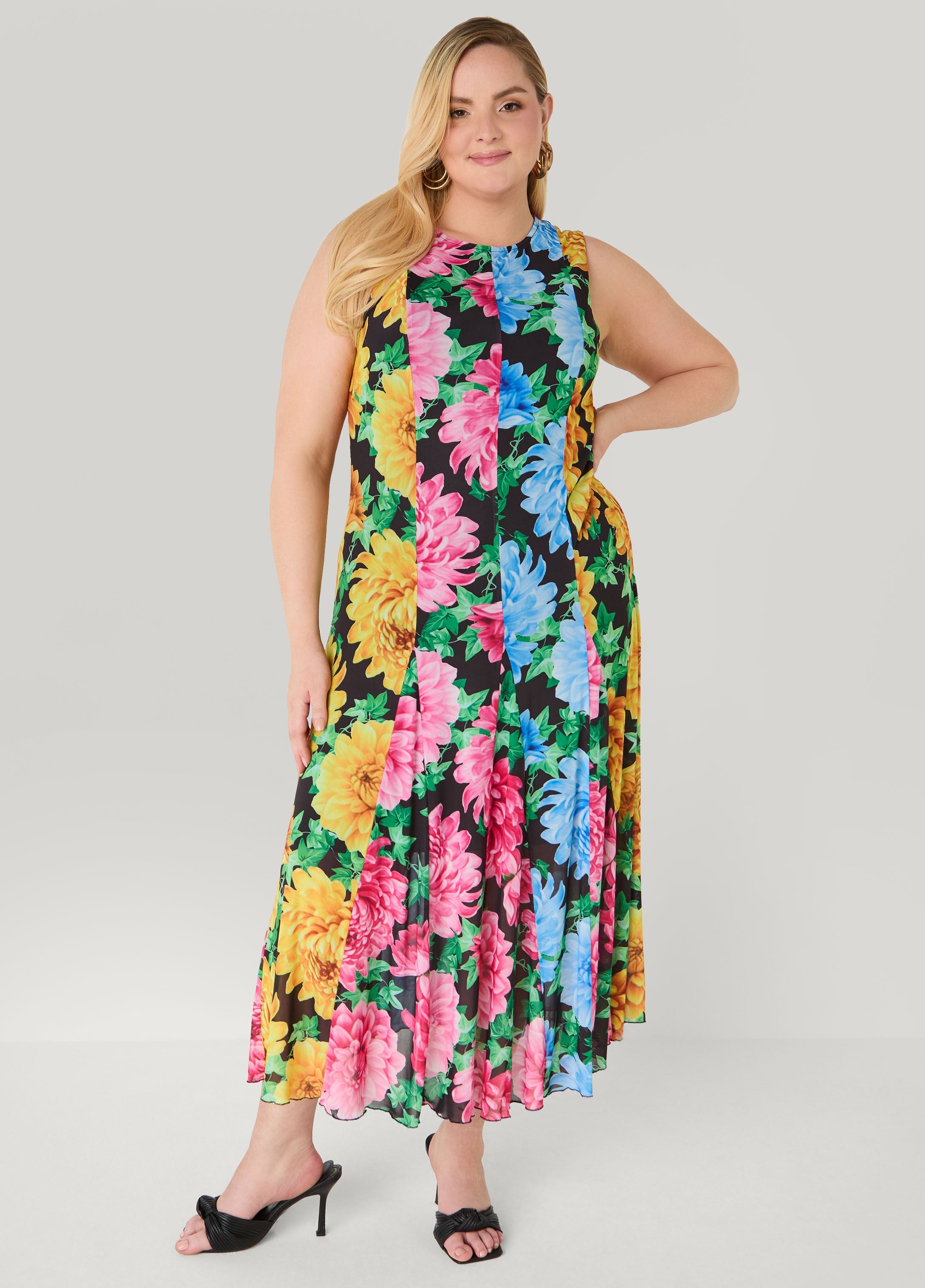 Floral Print Mesh Maxi Dress Black Combo | Ashley Stewart