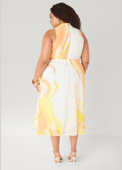 Keyhole Floral Print Midi Dress Papaya | Ashley Stewart