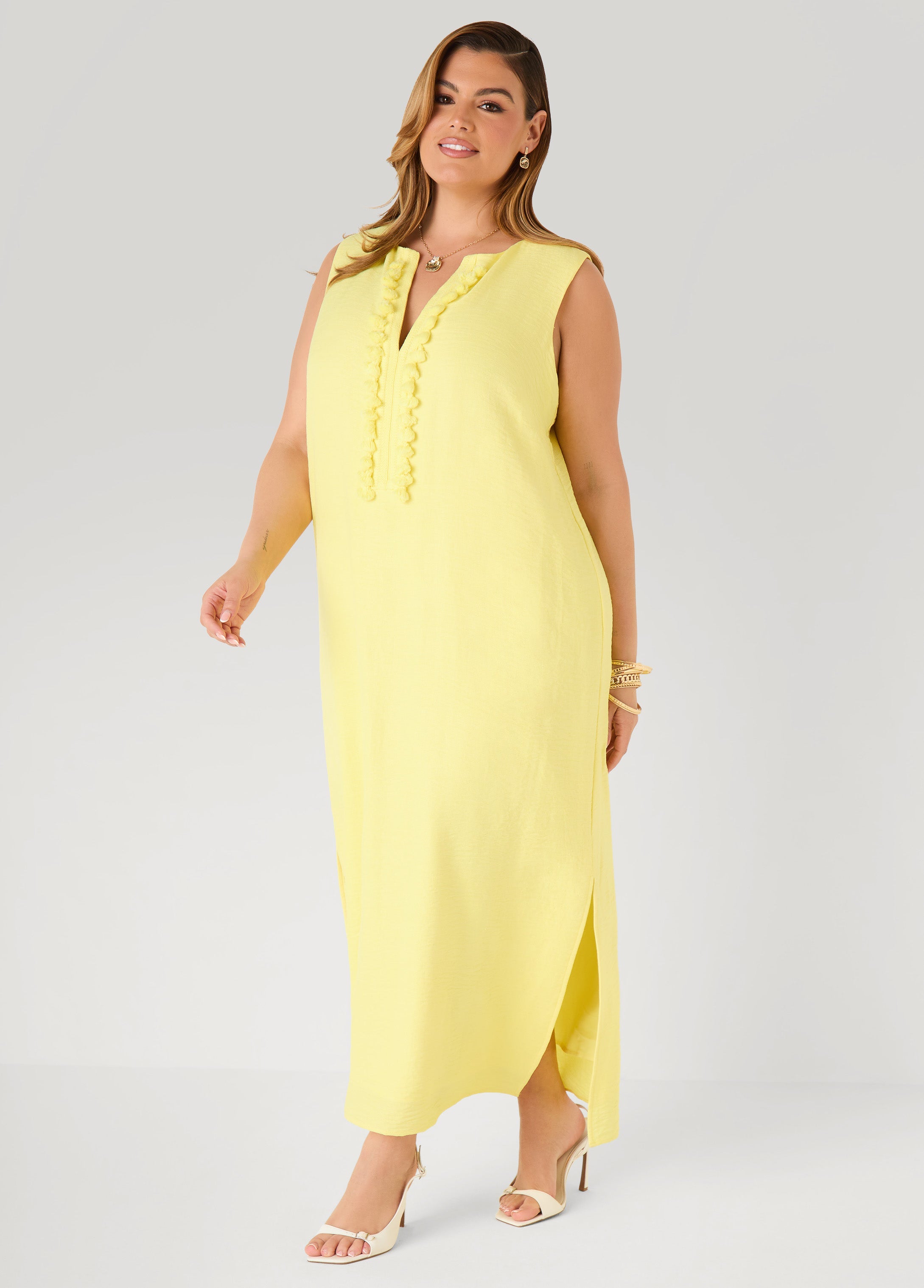 Pompom Maxi Dress Canary Yellow | Ashley Stewart