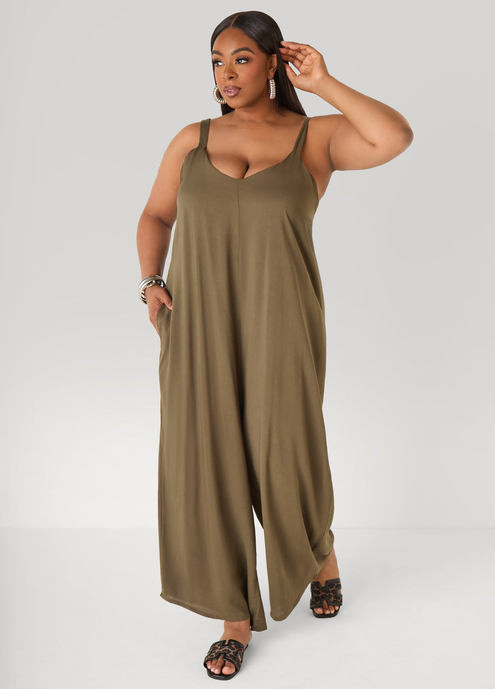 Woven Wide Leg Jumpsuit Olive Night | Ashley Stewart
