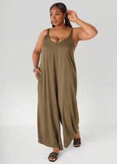 Woven Wide Leg Jumpsuit Olive Night | Ashley Stewart