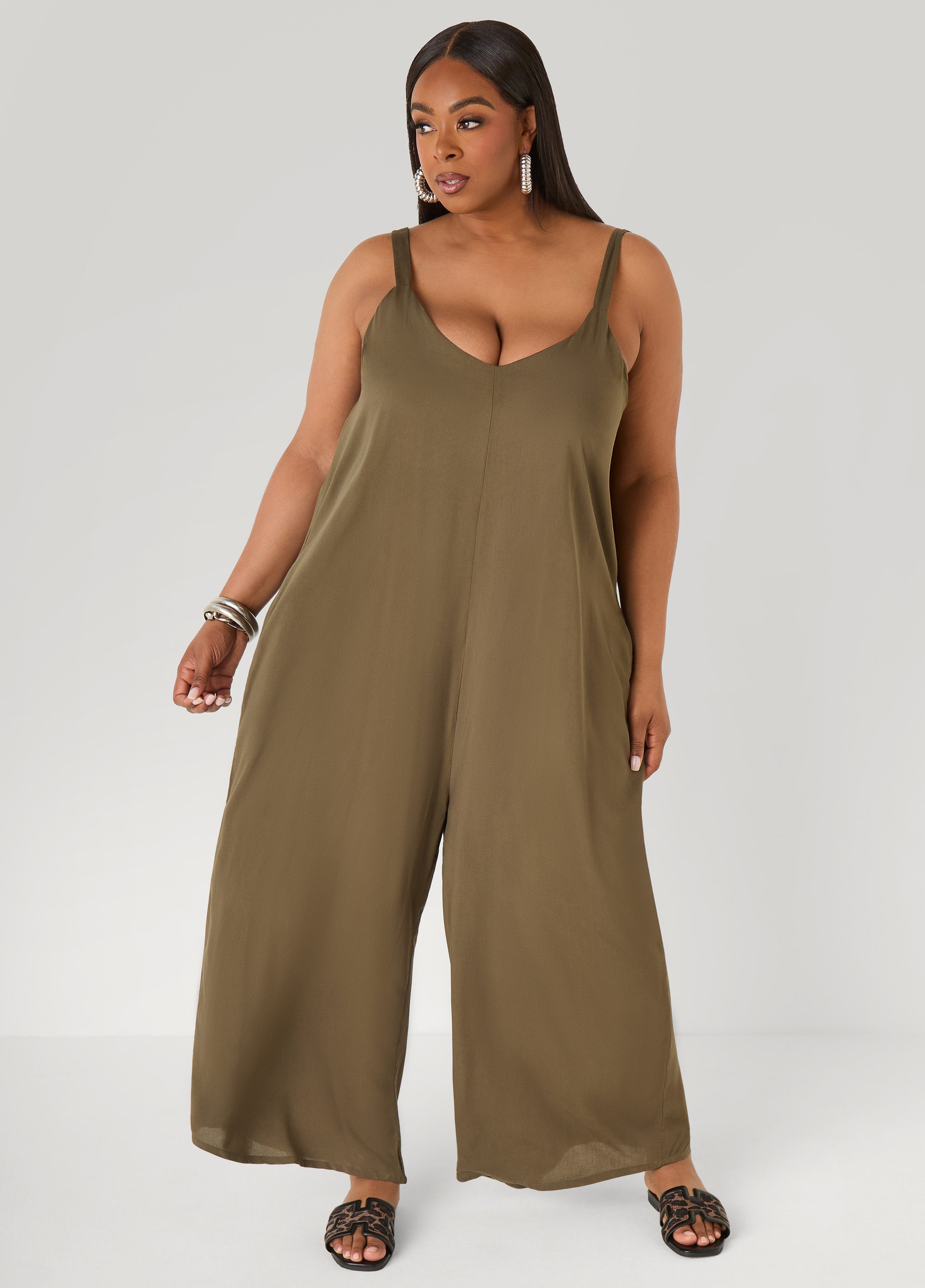 Woven Wide Leg Jumpsuit Olive Night | Ashley Stewart