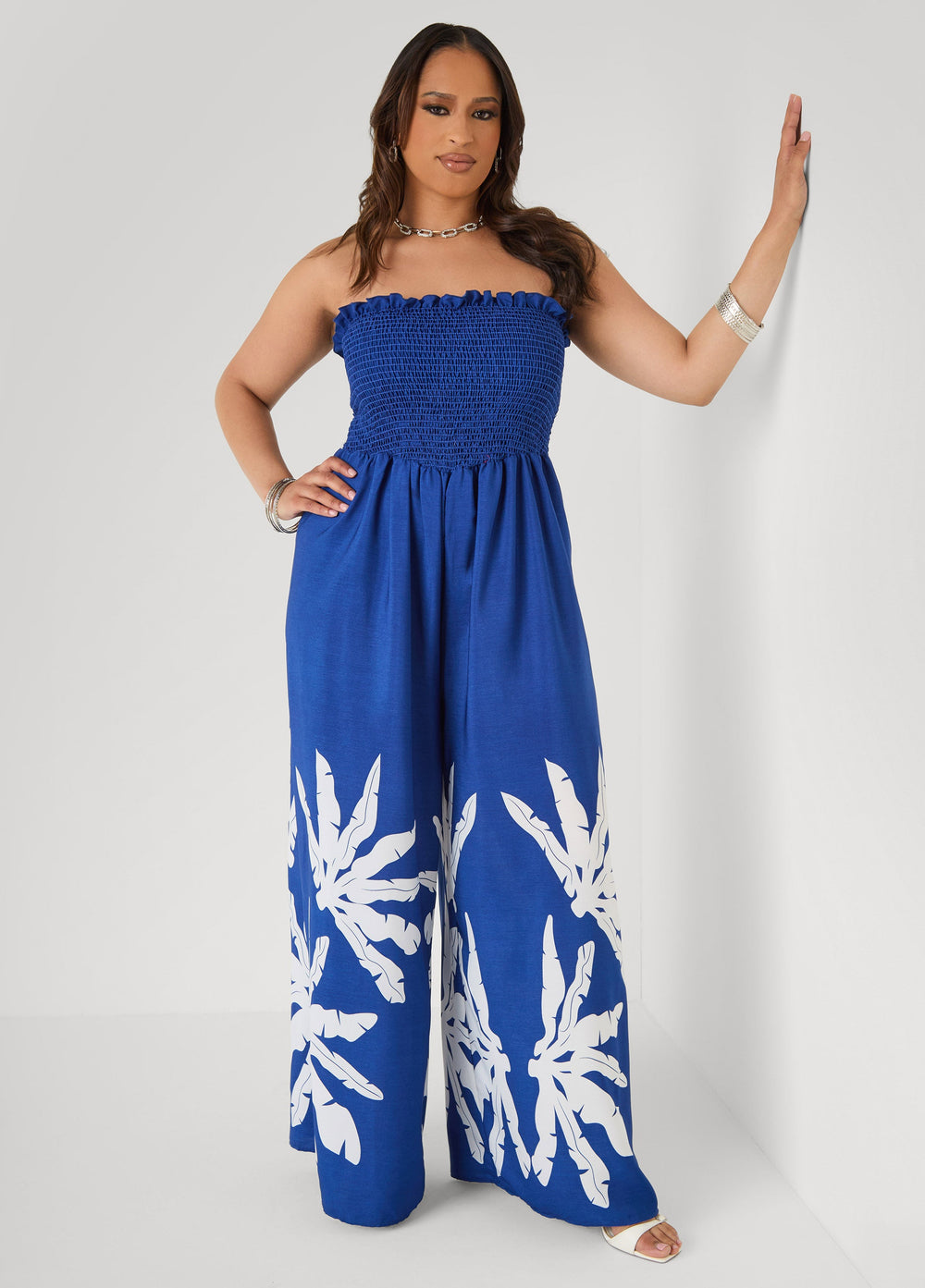 Strapless Leaf Print Jumpsuit Sodalite | Ashley Stewart