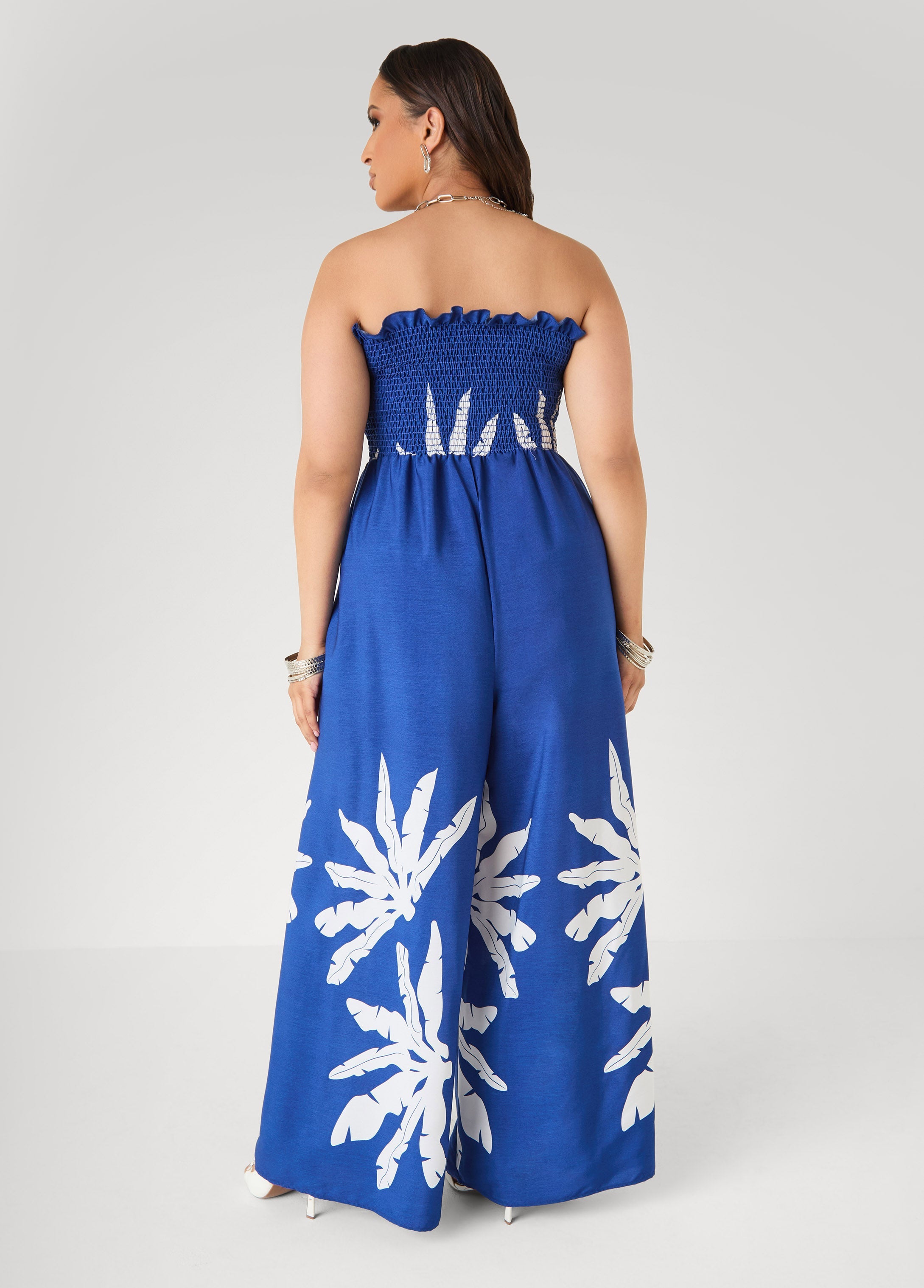 Strapless Leaf Print Jumpsuit Sodalite | Ashley Stewart