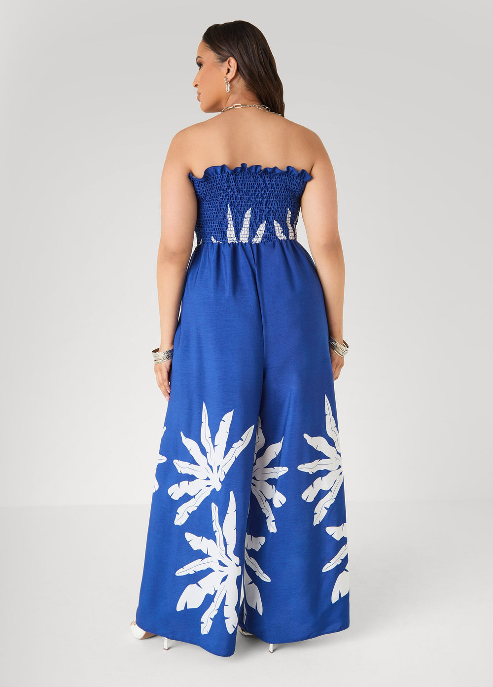 Strapless Leaf Print Jumpsuit Sodalite | Ashley Stewart