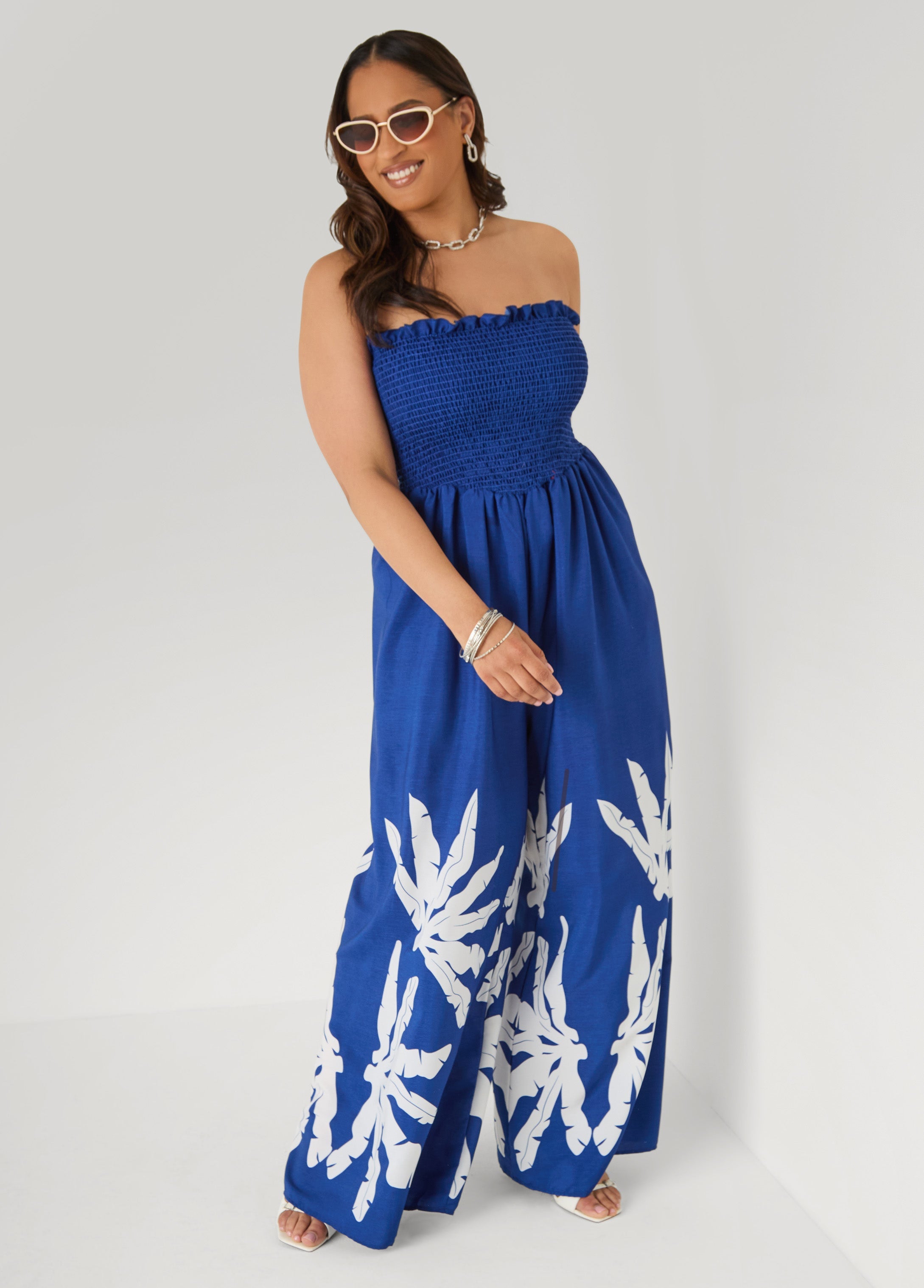 Strapless Leaf Print Jumpsuit Sodalite | Ashley Stewart