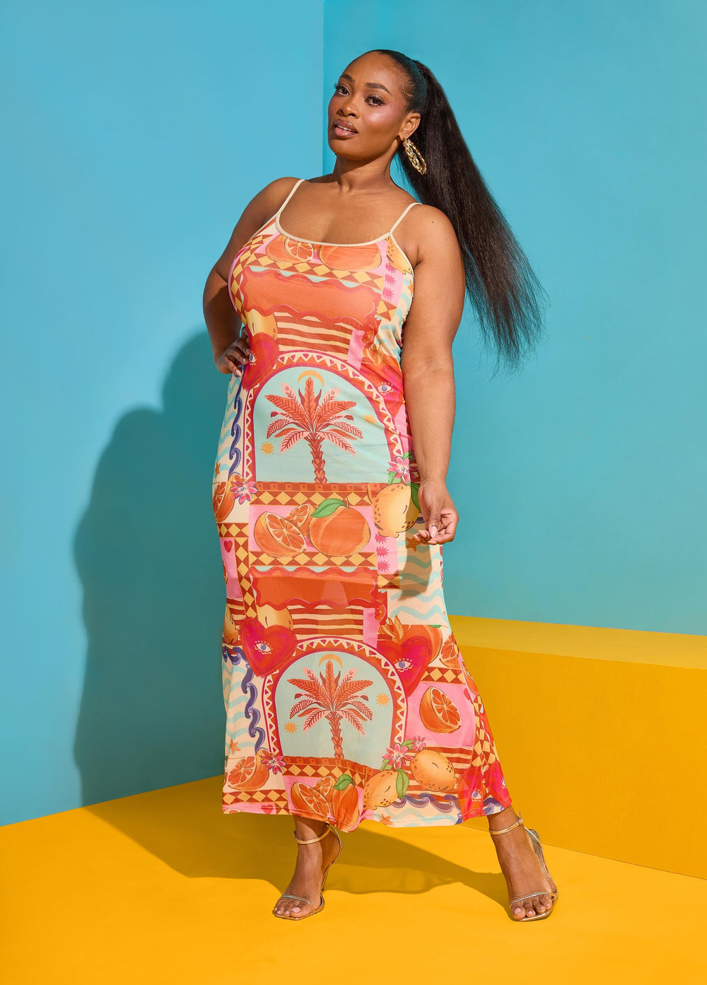 Printed Mesh Maxi Slip Dress Multi | Ashley Stewart