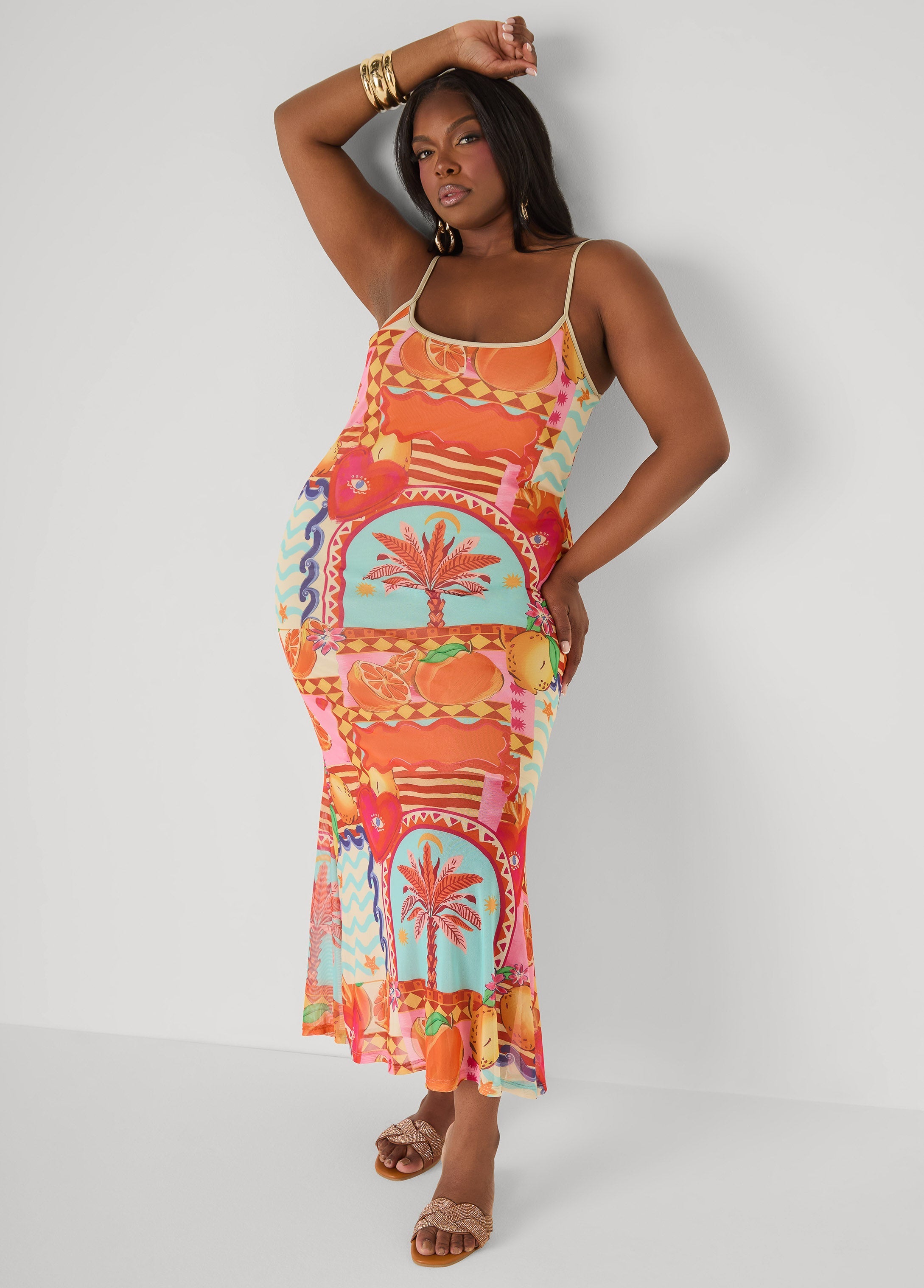 Printed Mesh Maxi Slip Dress Multi | Ashley Stewart