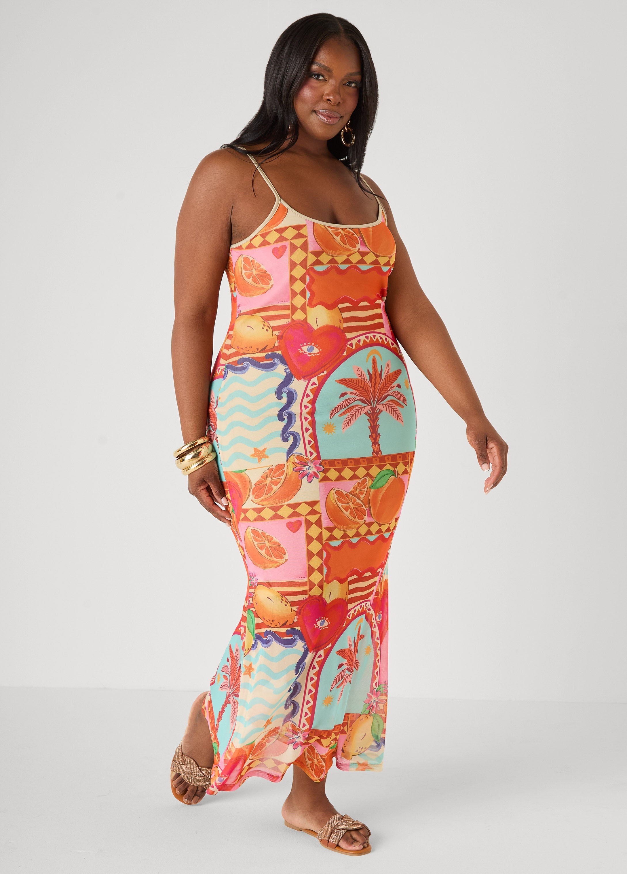 Printed Mesh Maxi Slip Dress Multi | Ashley Stewart