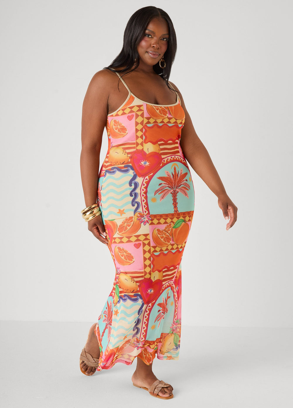 Printed Mesh Maxi Slip Dress Multi | Ashley Stewart