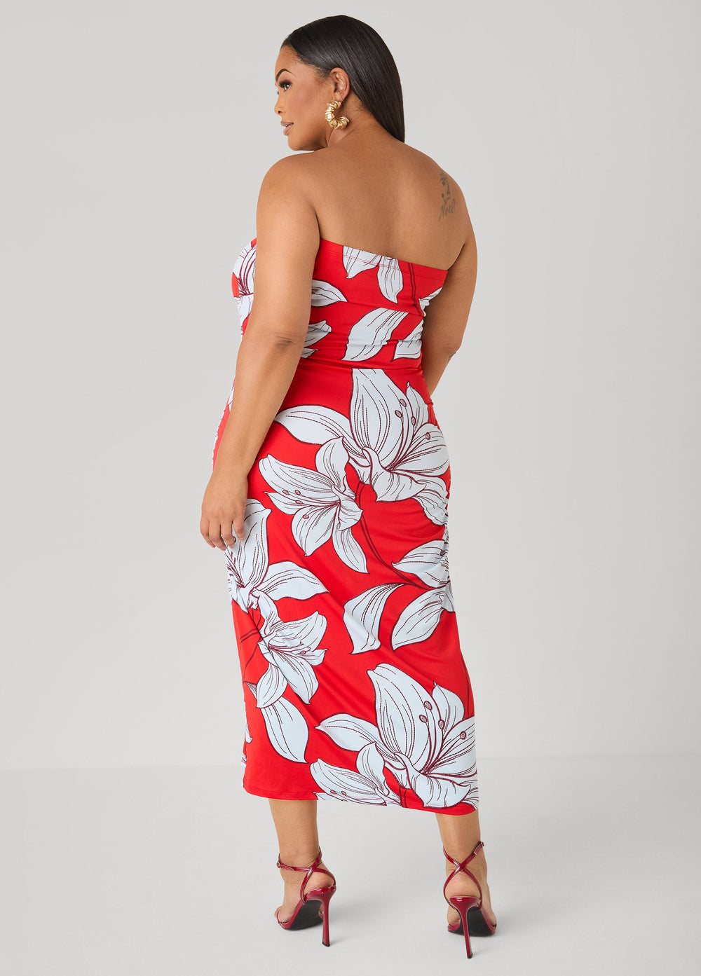Strapless Floral Maxi Dress Poinsettia | Ashley Stewart