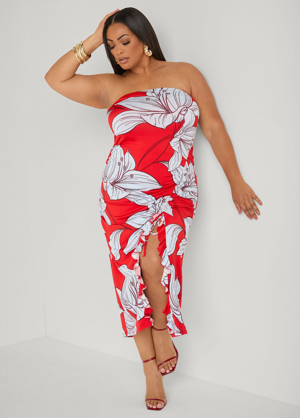 Strapless Floral Maxi Dress Poinsettia | Ashley Stewart