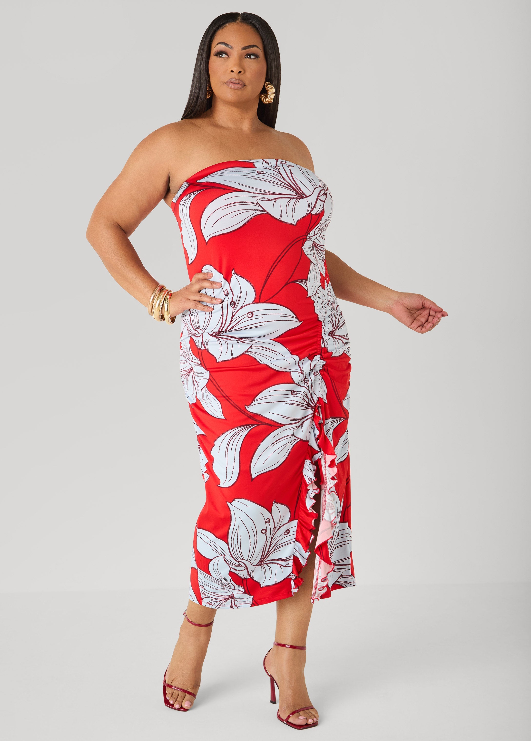Strapless Floral Maxi Dress Poinsettia | Ashley Stewart