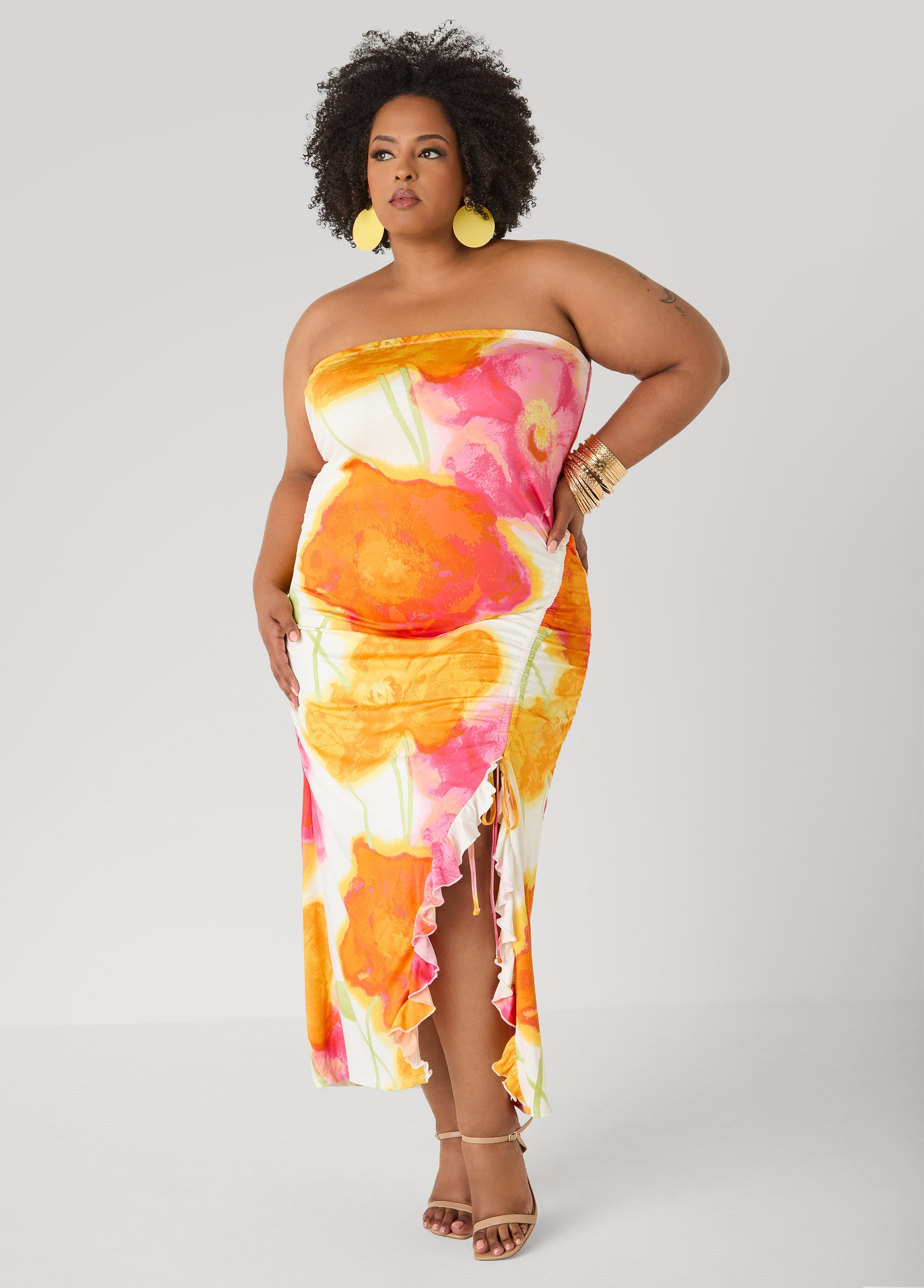 Strapless Floral Maxi Dress Poinsettia | Ashley Stewart