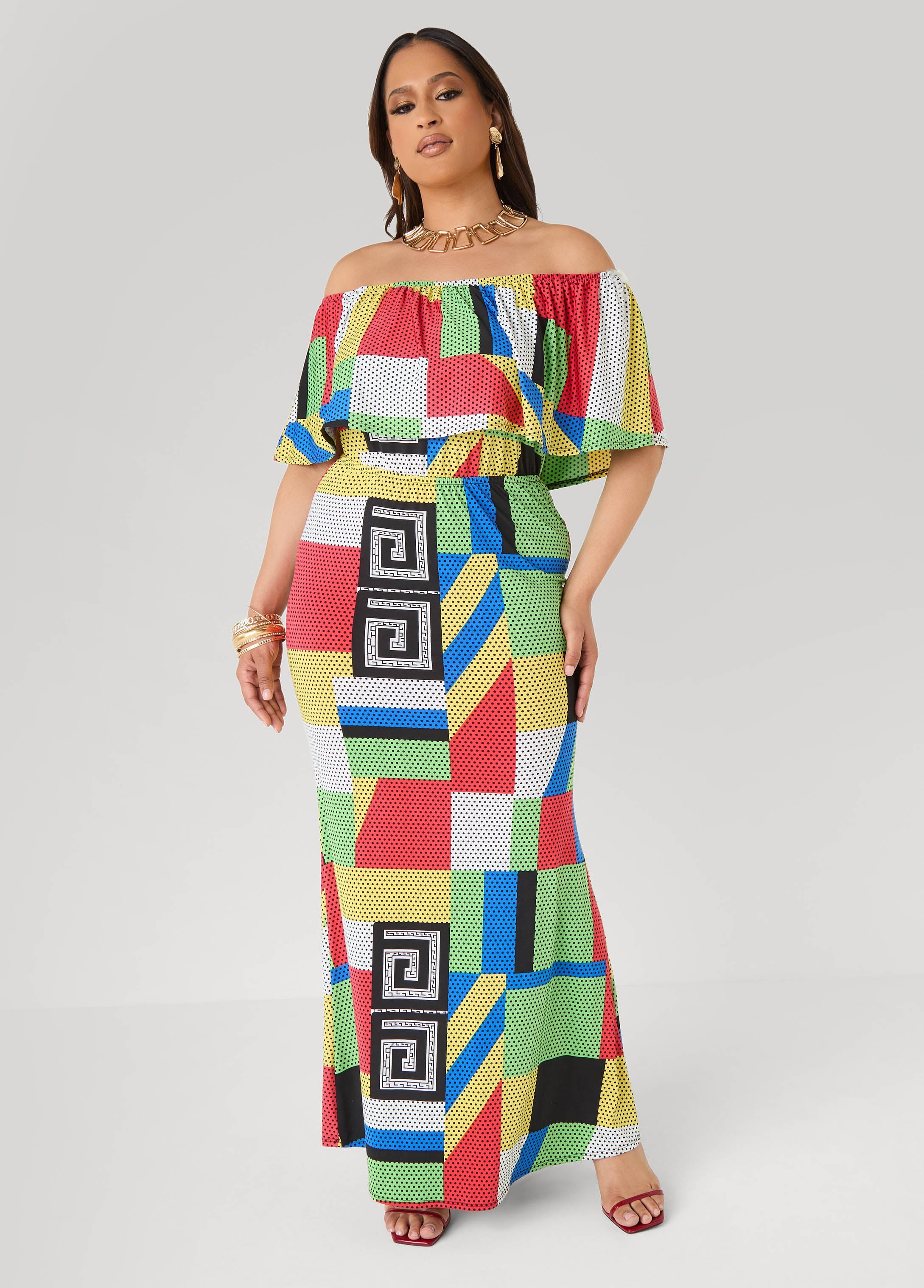 Off The Shoulder Geo Maxi Dress Multi | Ashley Stewart