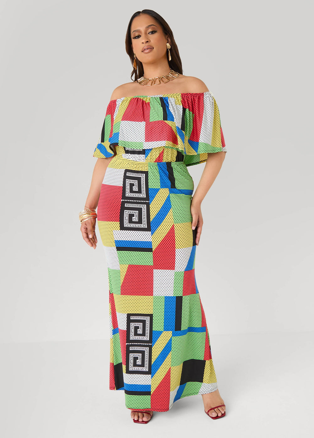 Off The Shoulder Geo Maxi Dress Multi | Ashley Stewart