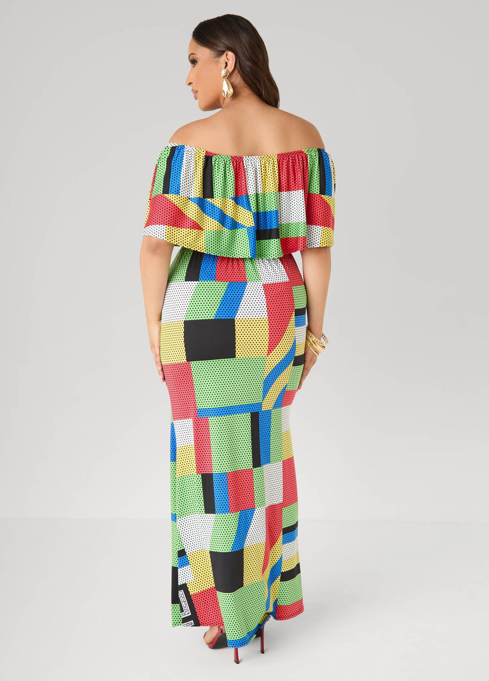 Off The Shoulder Geo Maxi Dress Multi | Ashley Stewart