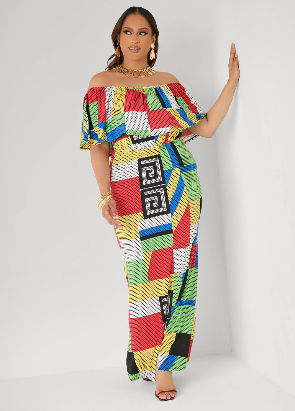 Off The Shoulder Geo Maxi Dress Multi | Ashley Stewart
