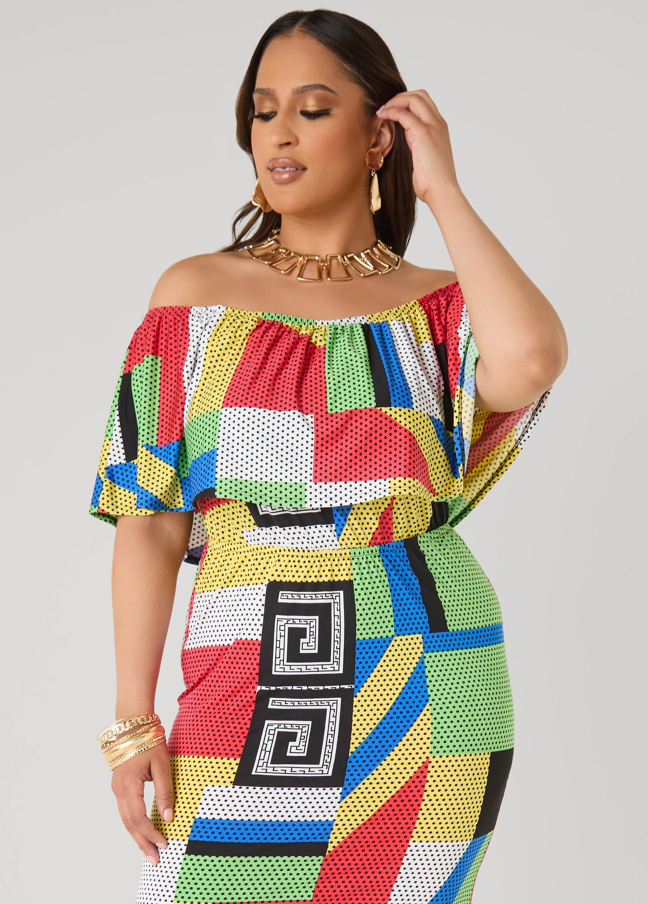 Off The Shoulder Geo Maxi Dress Multi | Ashley Stewart