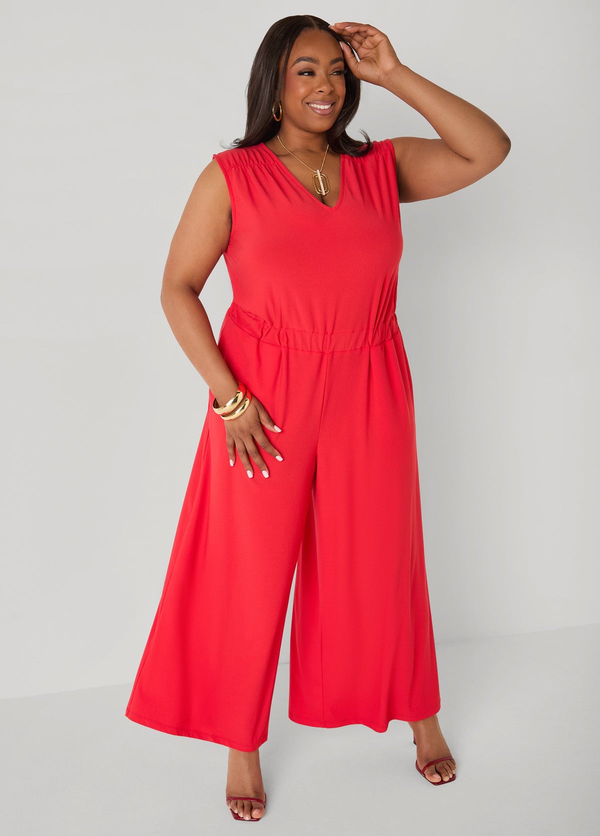 Tall Tie Back Wide Leg Jumpsuit Poinsettia | Ashley Stewart