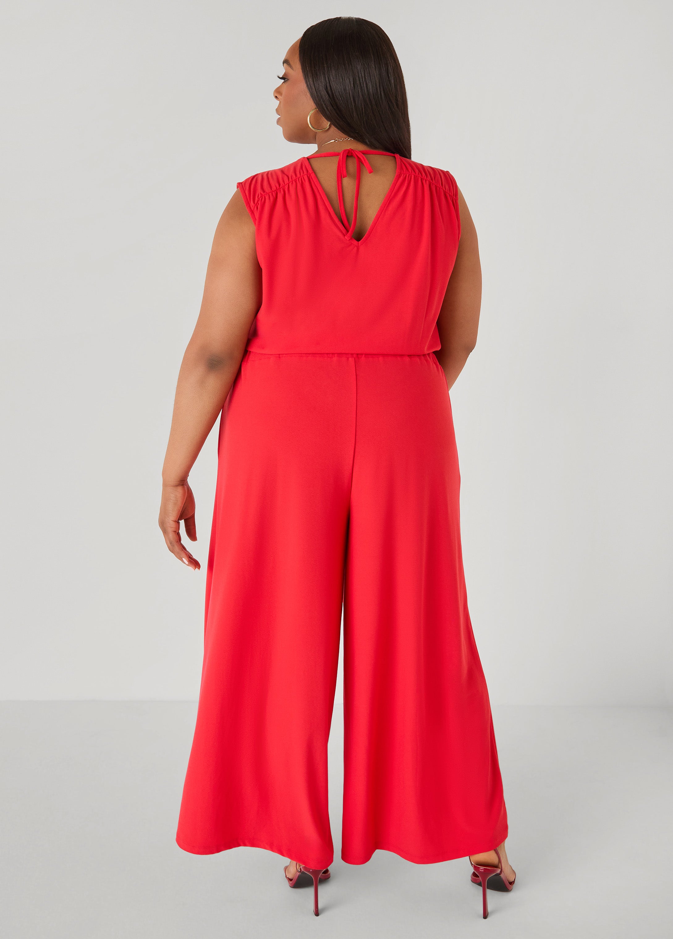 Tall Tie Back Wide Leg Jumpsuit Poinsettia | Ashley Stewart