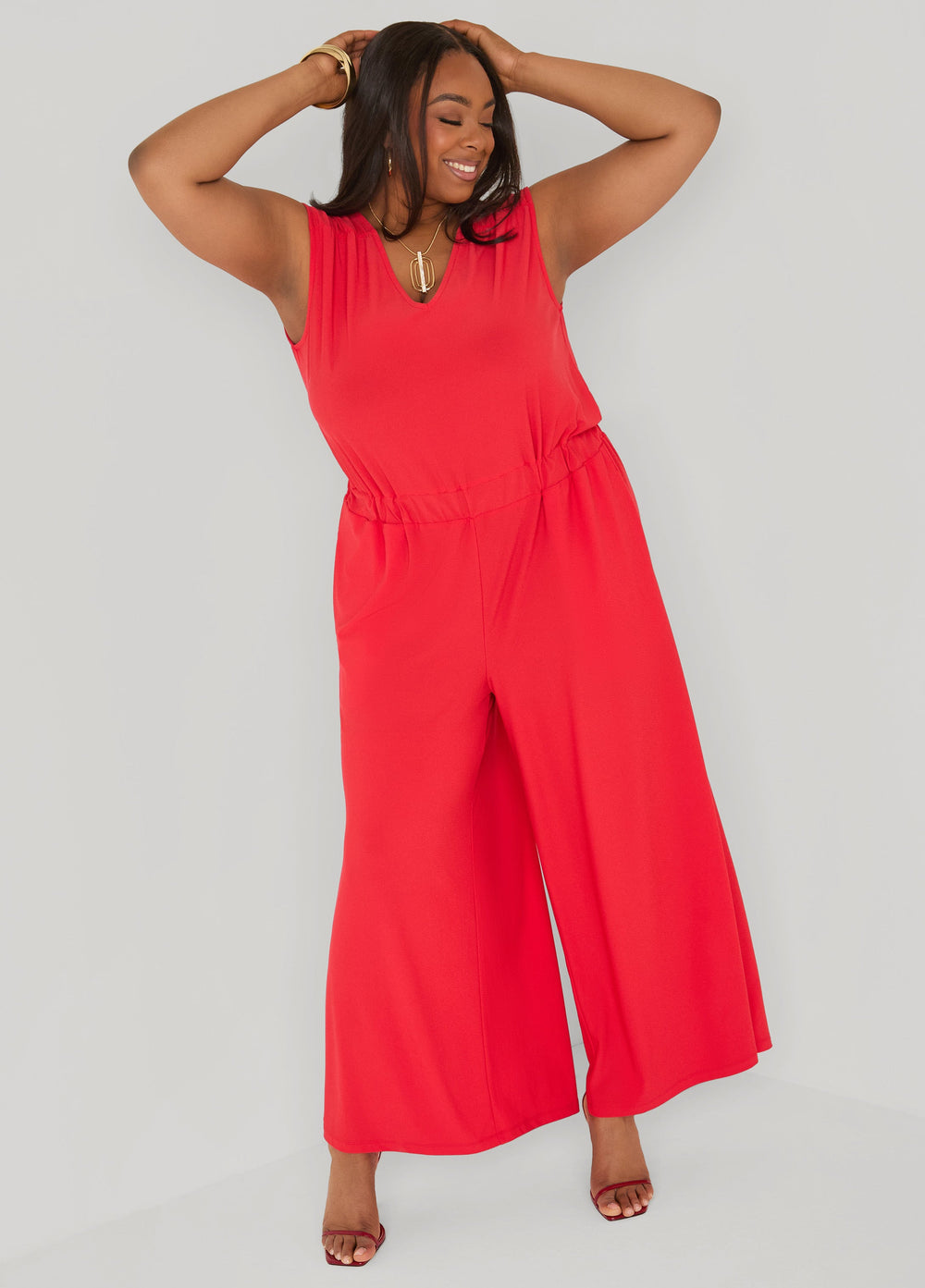 Tall Tie Back Wide Leg Jumpsuit Poinsettia | Ashley Stewart