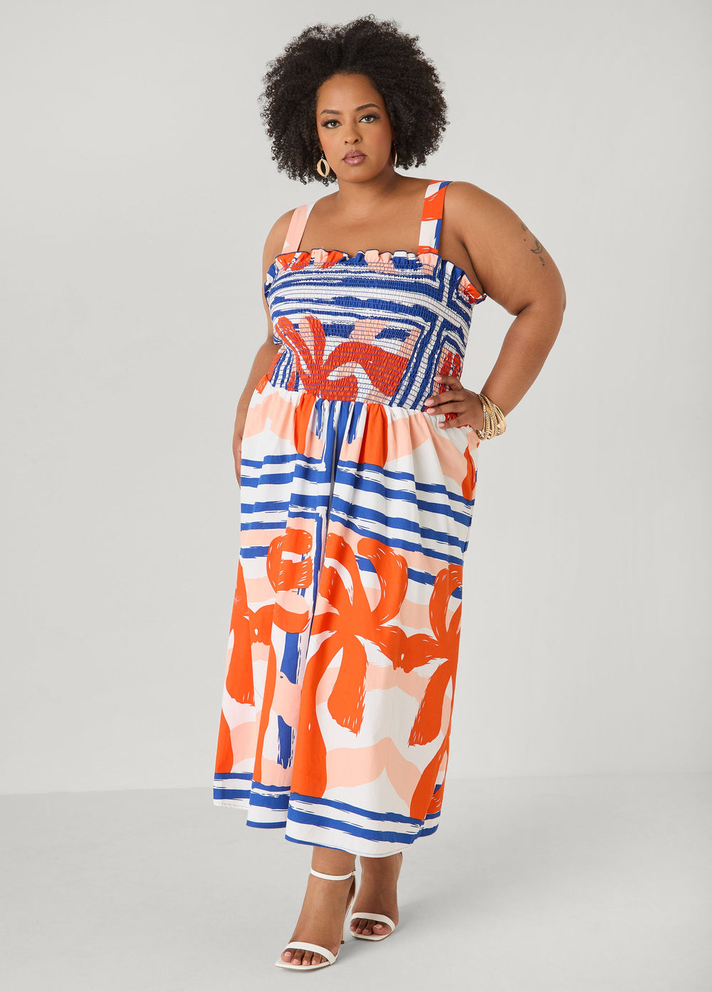 Printed Smocked Maxi Dress Multi | Ashley Stewart