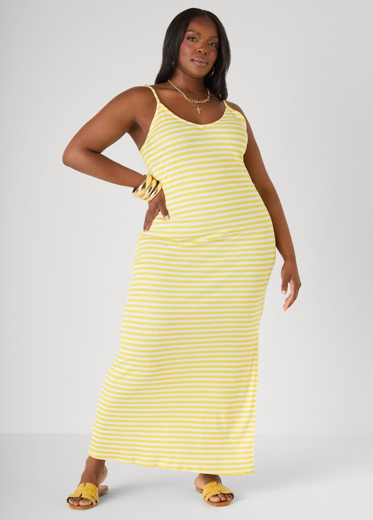Striped Ribbed Maxi Dress Lemon | Ashley Stewart