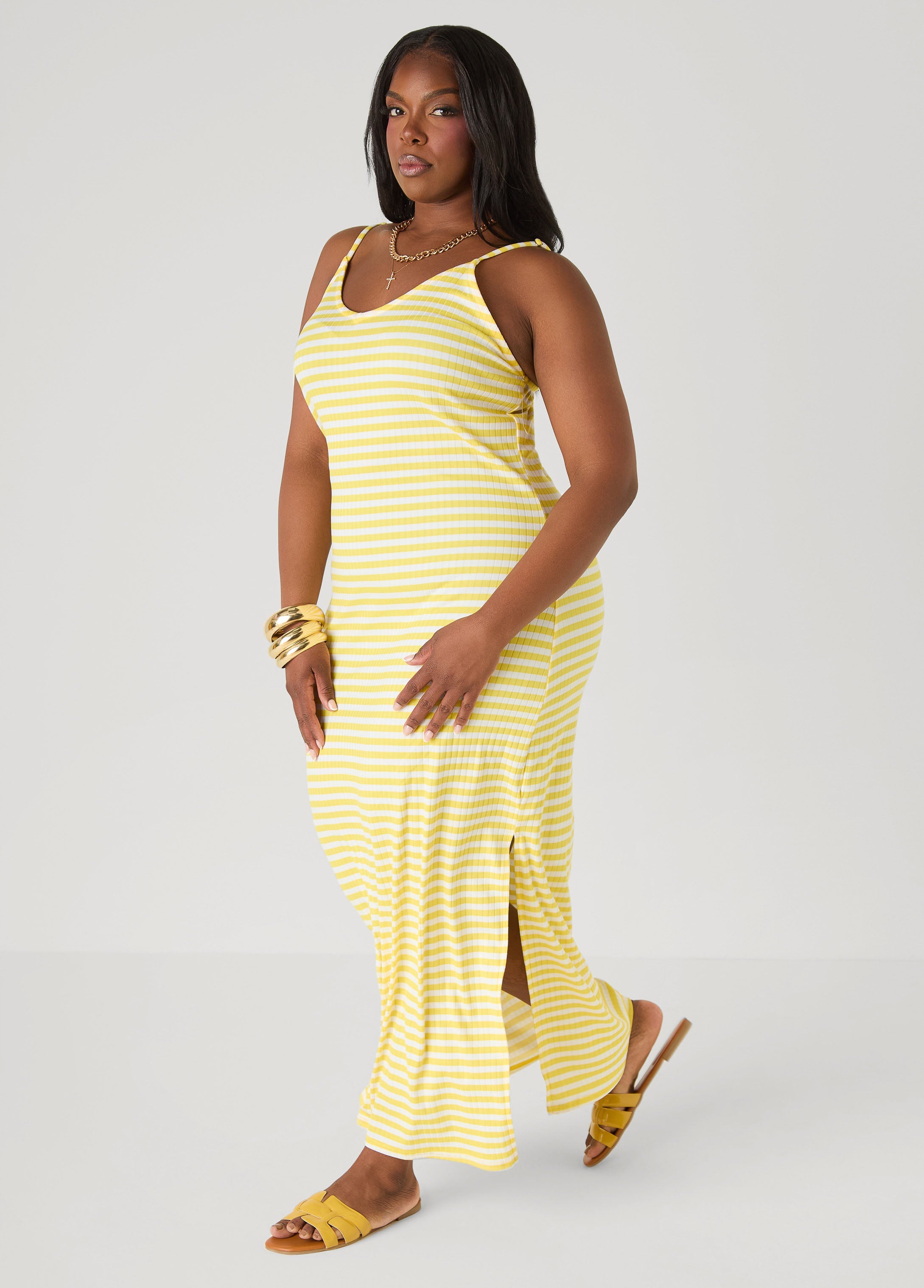 Striped Ribbed Maxi Dress Lemon | Ashley Stewart