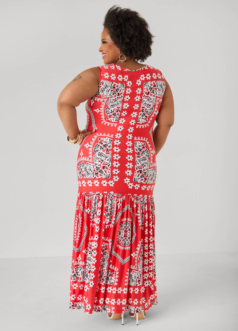 Flounced Bandana Print Maxi Dress Poinsettia | Ashley Stewart