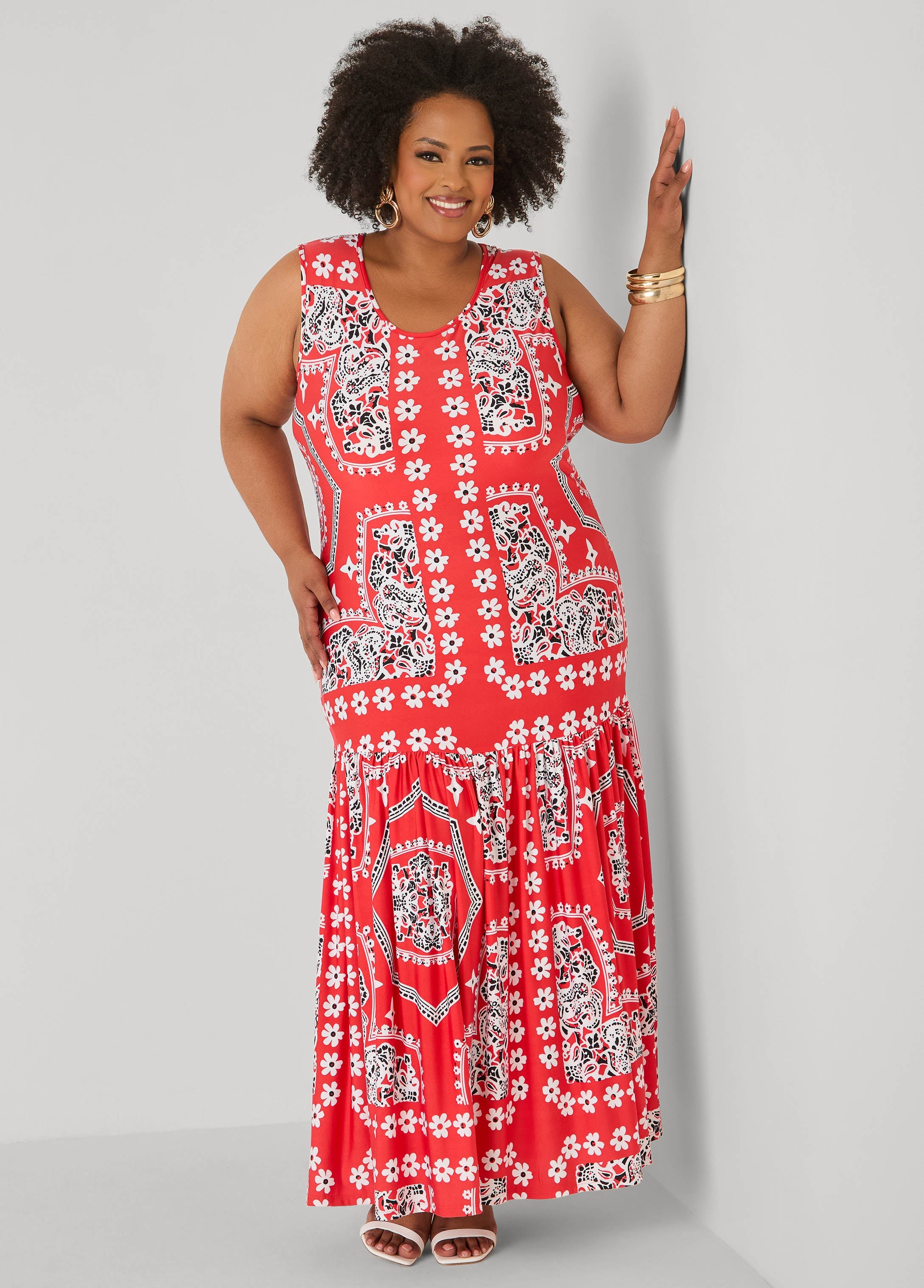 Flounced Bandana Print Maxi Dress Poinsettia | Ashley Stewart