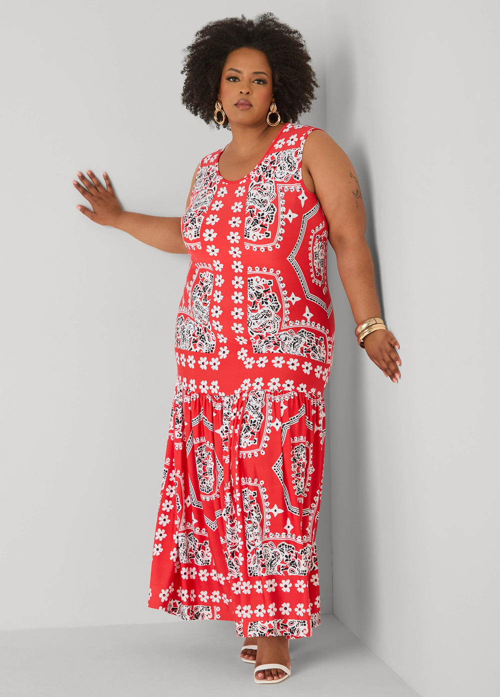 Flounced Bandana Print Maxi Dress Poinsettia | Ashley Stewart