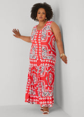 Flounced Bandana Print Maxi Dress Poinsettia | Ashley Stewart
