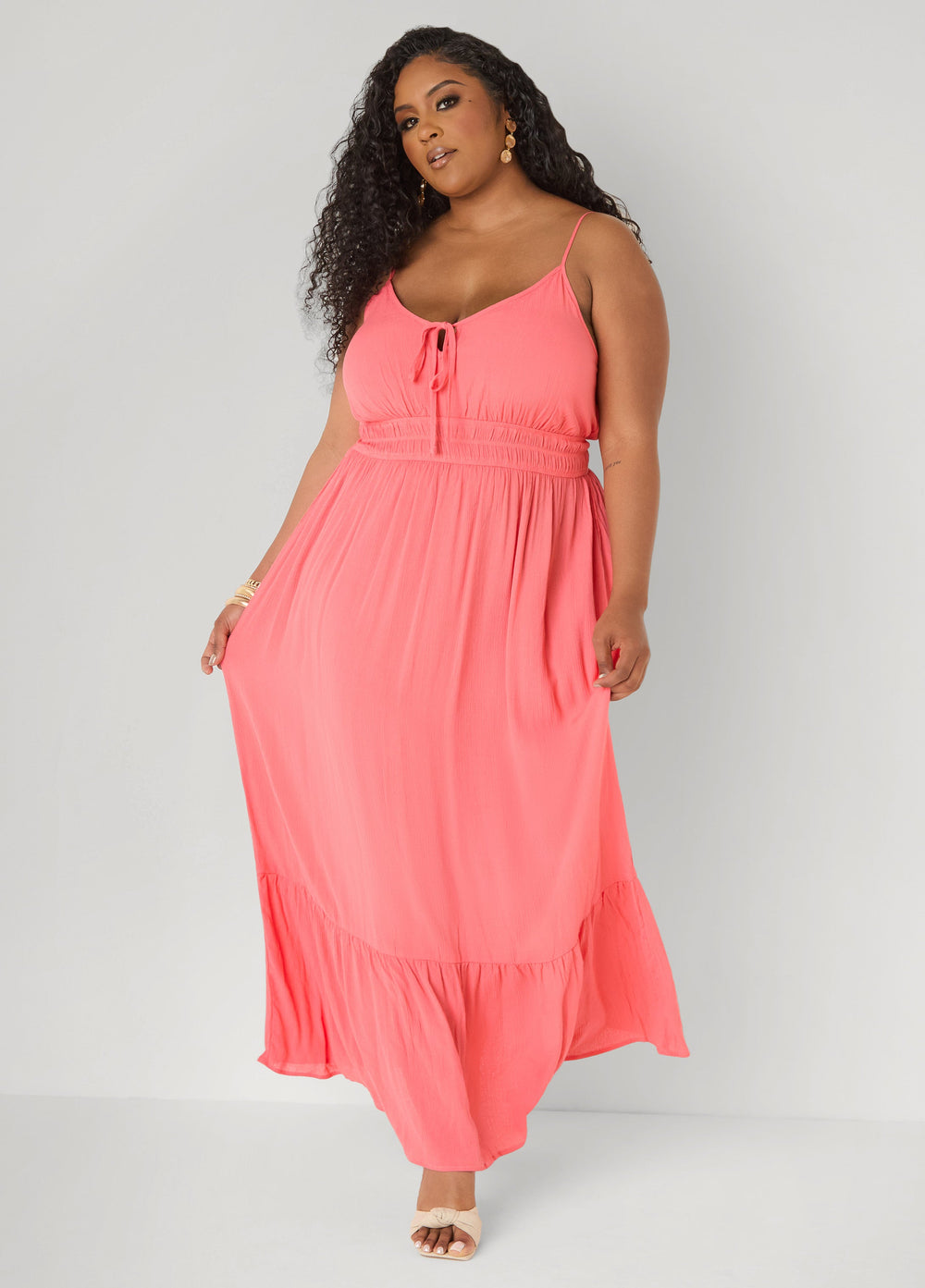 Smocked Tie Front Maxi Dress Yellow | Ashley Stewart