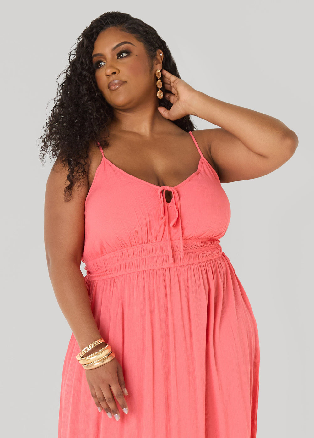Smocked Tie Front Maxi Dress Yellow | Ashley Stewart
