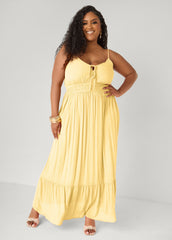 Smocked Tie Front Maxi Dress Yellow | Ashley Stewart
