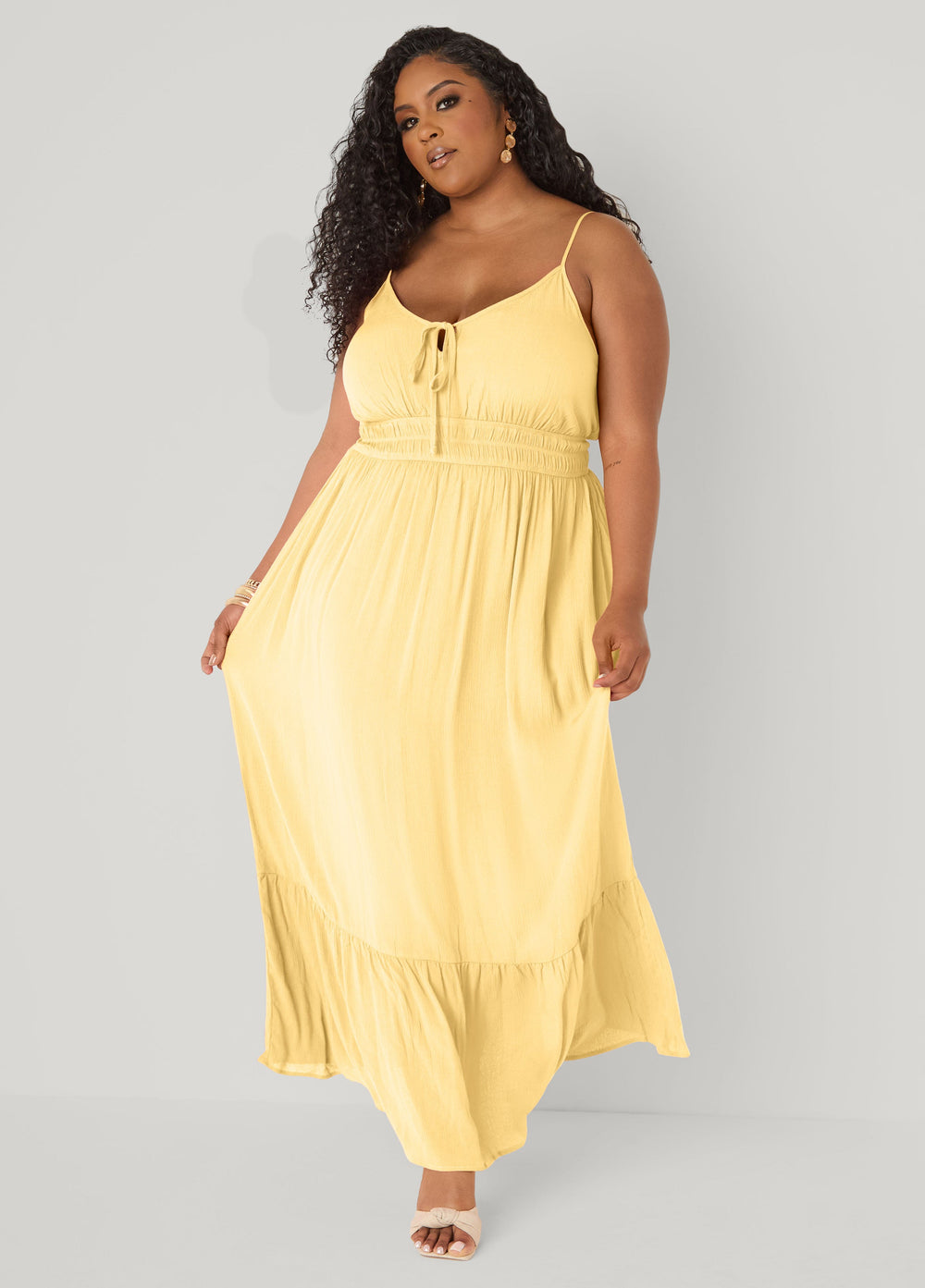 Smocked Tie Front Maxi Dress Yellow | Ashley Stewart