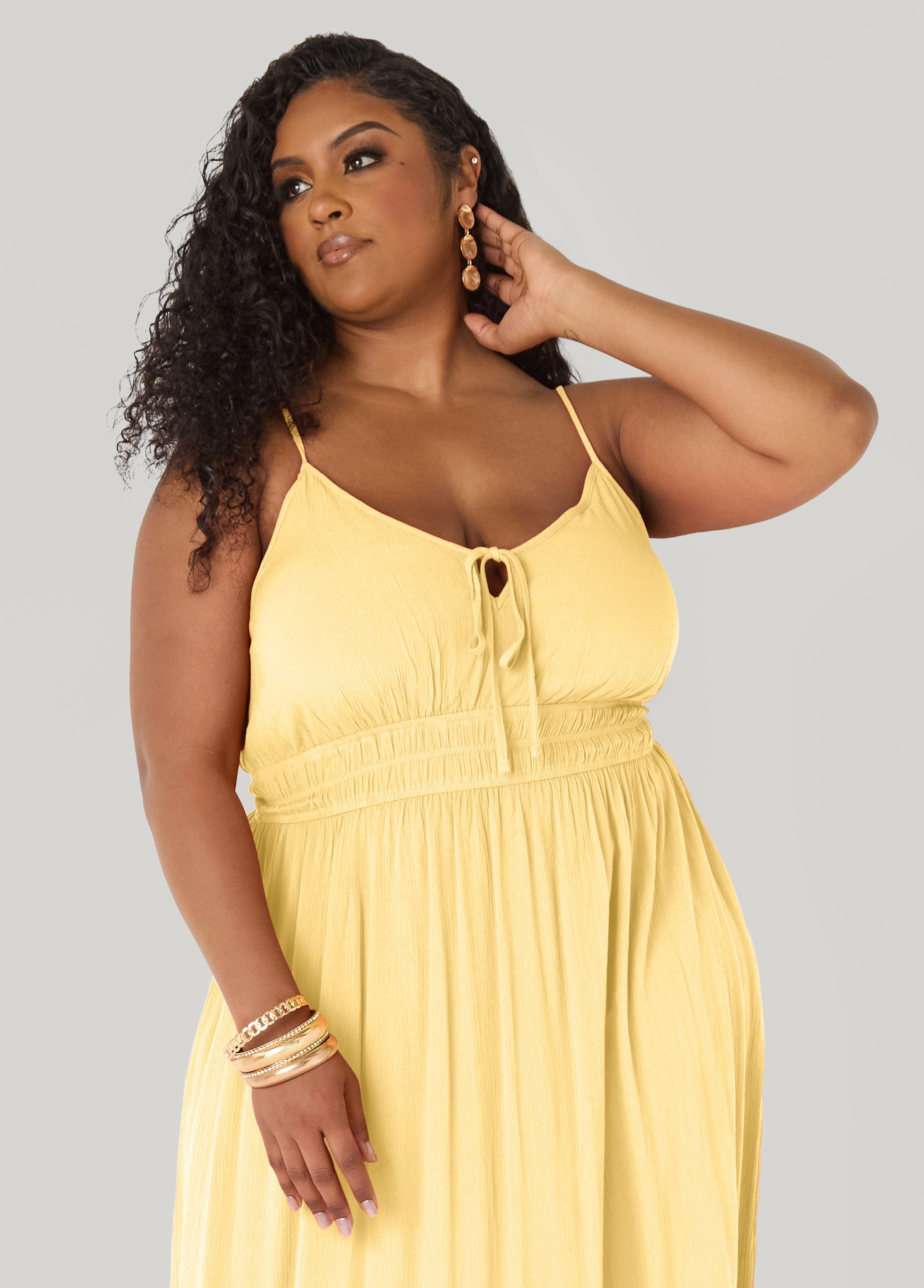 Smocked Tie Front Maxi Dress Yellow | Ashley Stewart