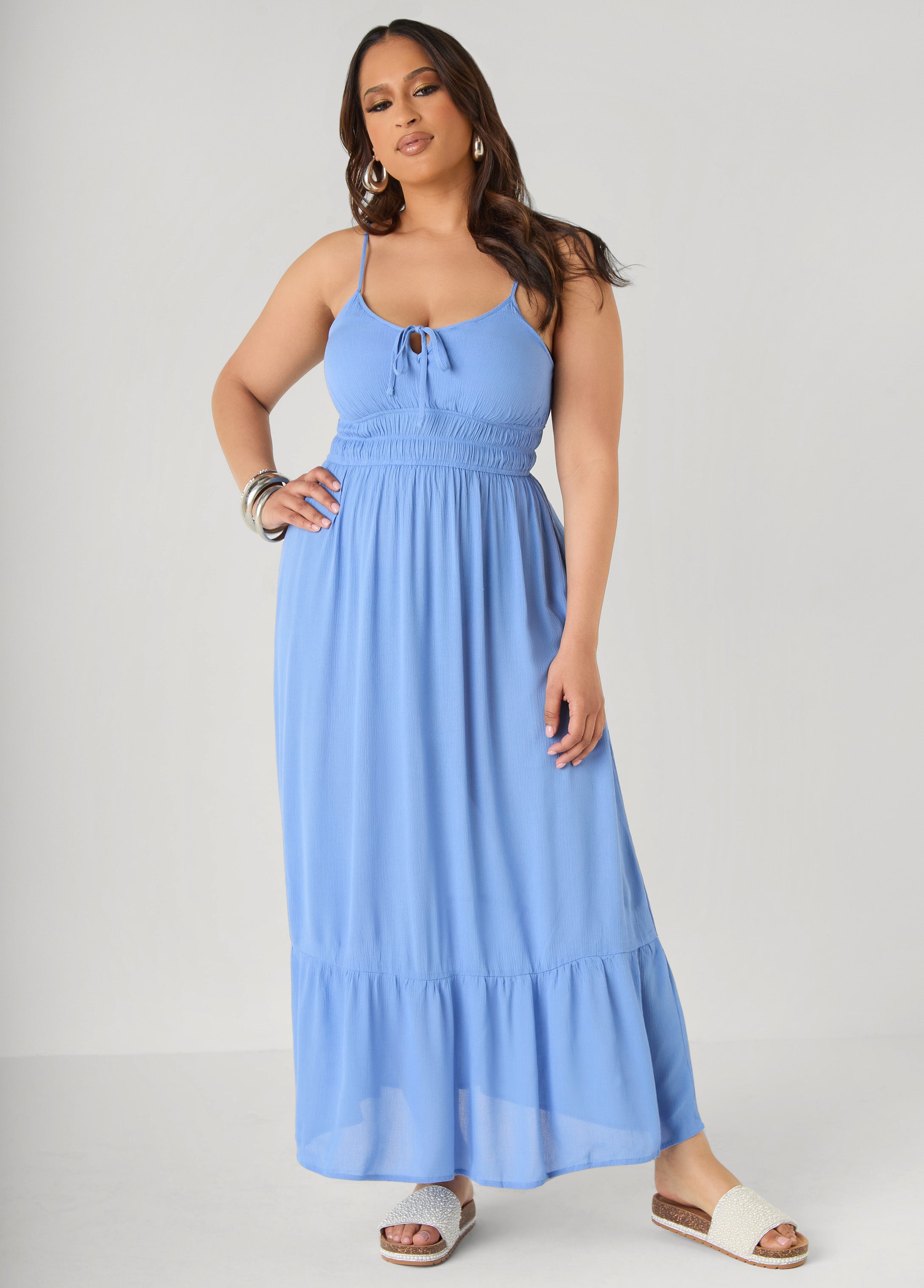 Smocked Tie Front Maxi Dress Yellow | Ashley Stewart
