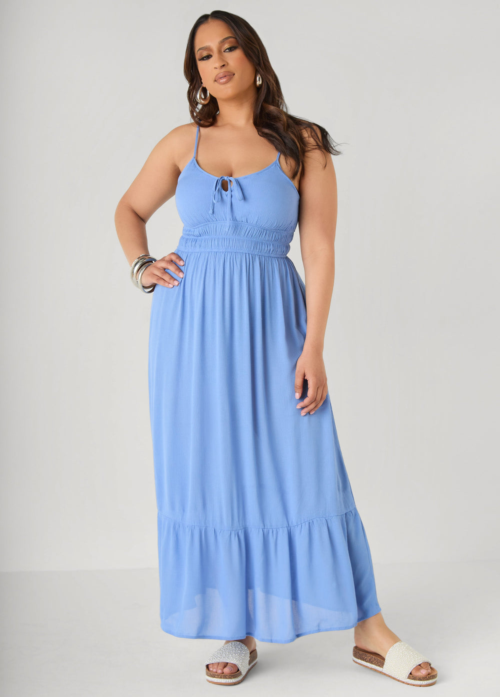 Smocked Tie Front Maxi Dress Yellow | Ashley Stewart