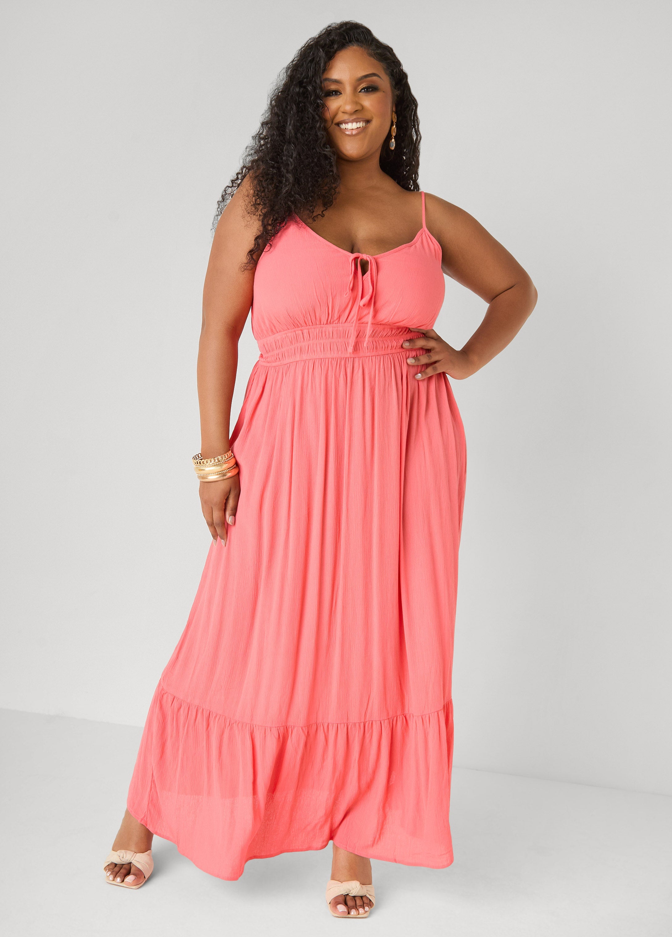 Smocked Tie Front Maxi Dress Yellow | Ashley Stewart