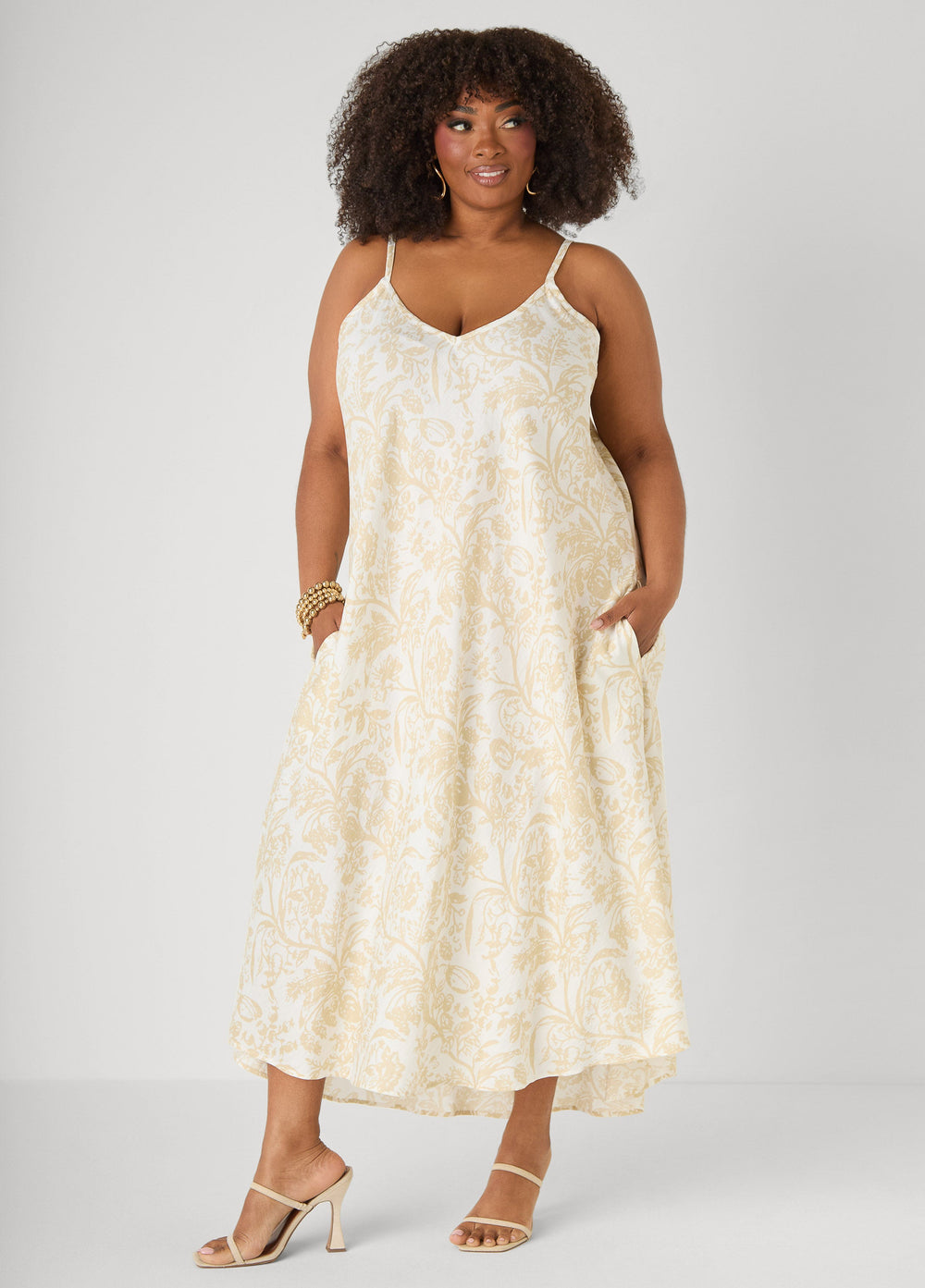 Floral Print V Neck Midaxi Dress White | Ashley Stewart